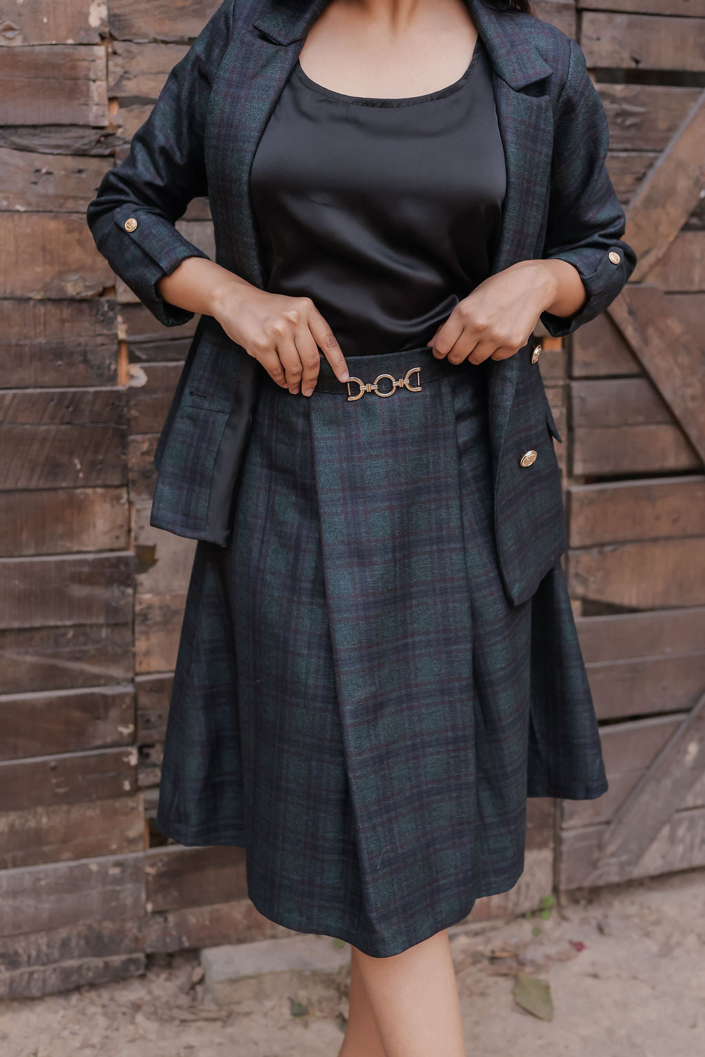 Green & Blue tweed fabric coat with gold buttons detailing & Skirt Co ord set  EWCO0037-GRNSK