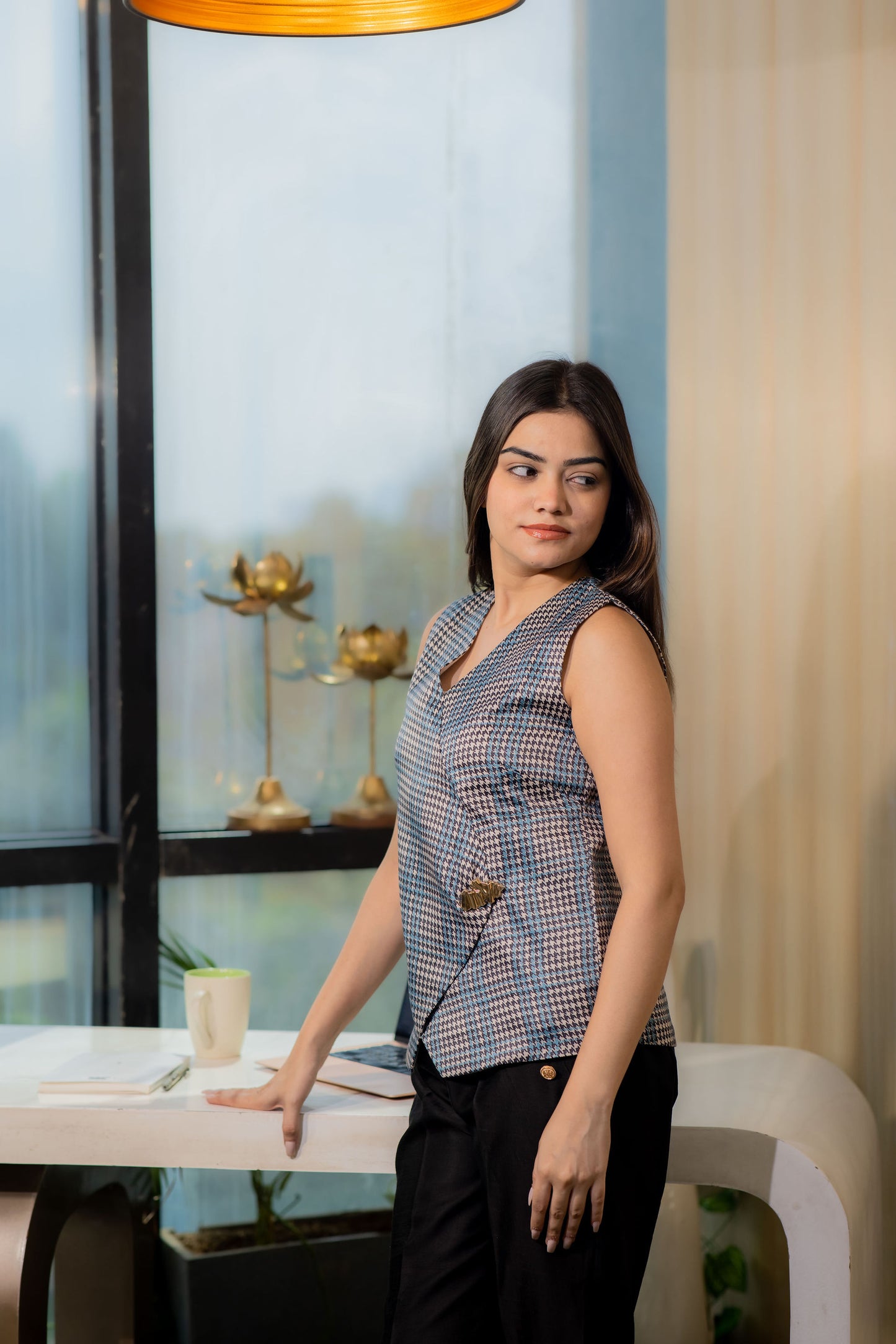 handstooth print waist coat with gold applique- esseneur.