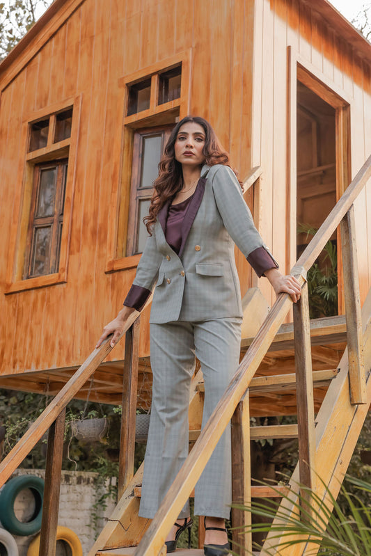 Light green formal check pants with gold buttons detailing ESWPA0024-GRNGB