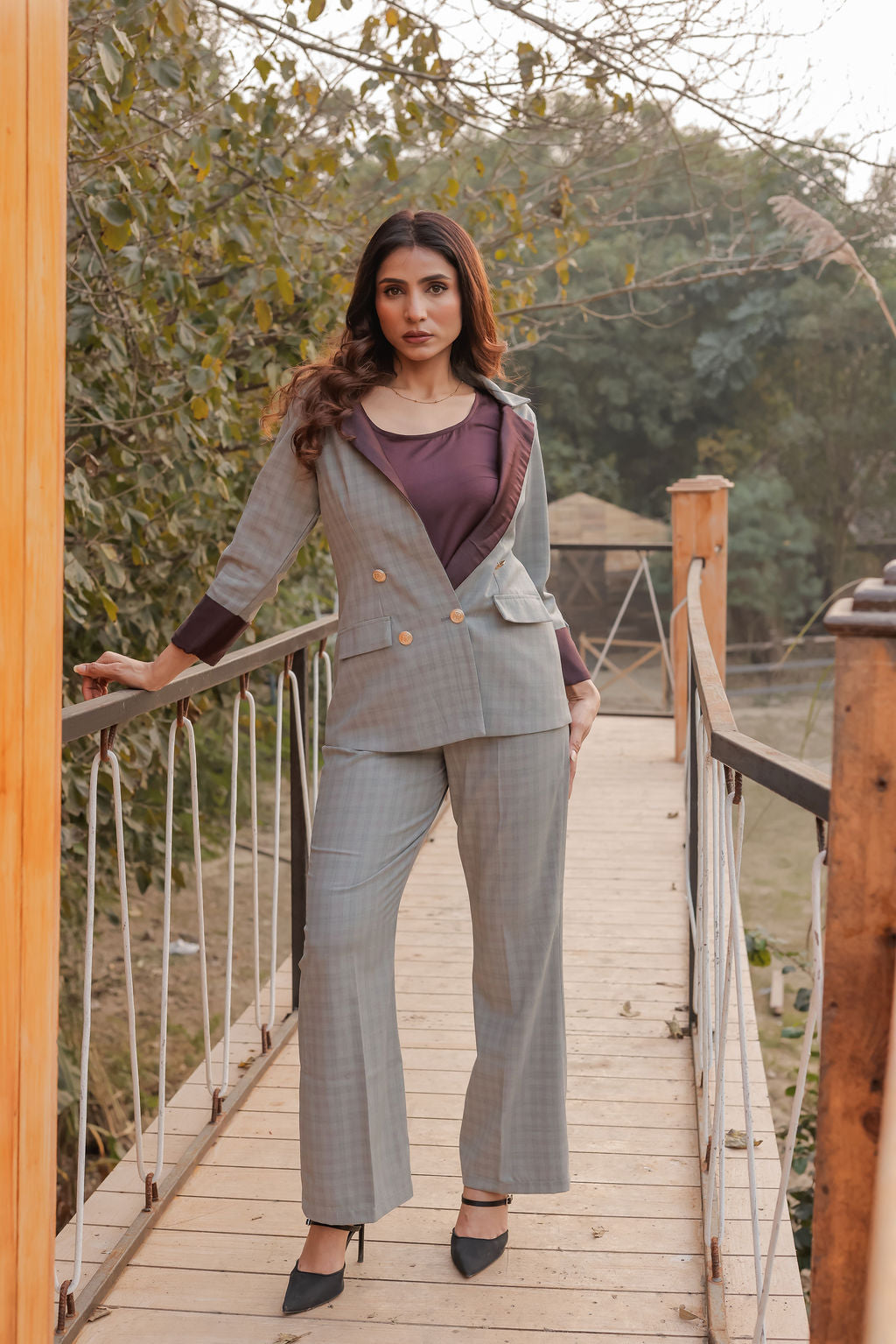 Light green formal check pants with gold buttons detailing ESWPA0024-GRNGB