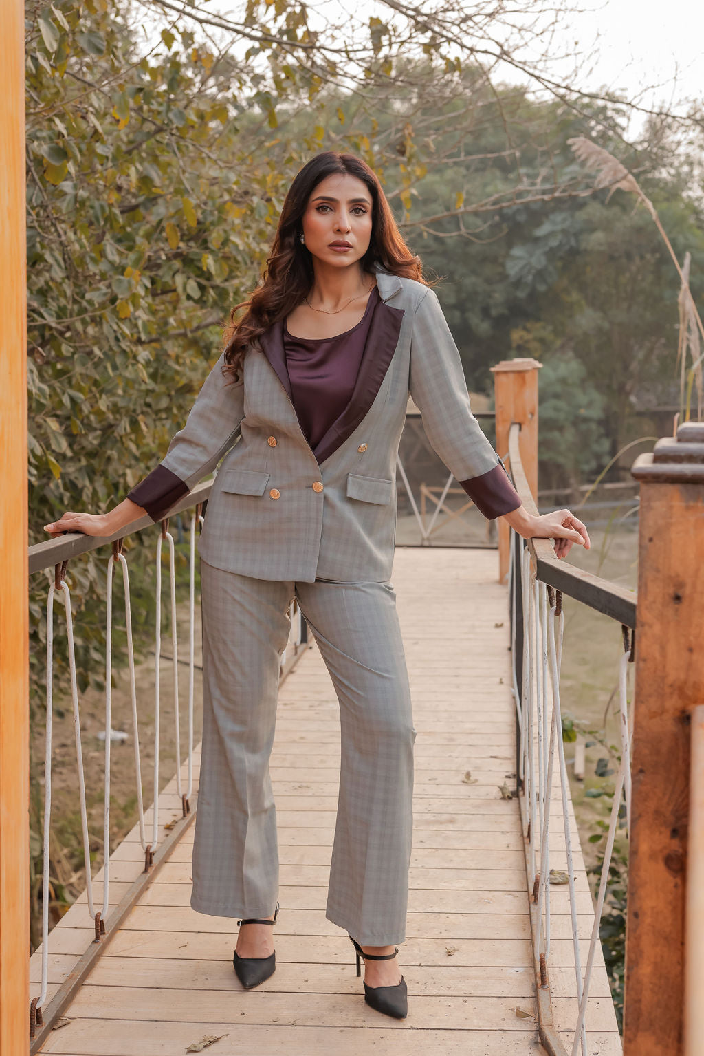 Light green formal check pants with gold buttons detailing ESWPA0024-GRNGB