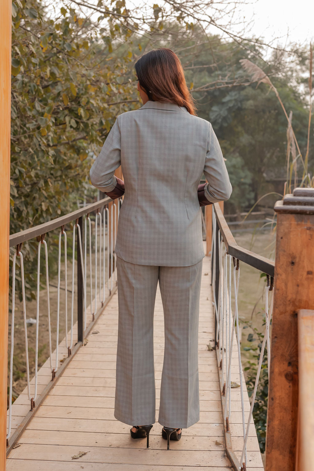 Light green formal check pants with gold buttons detailing ESWPA0024-GRNGB