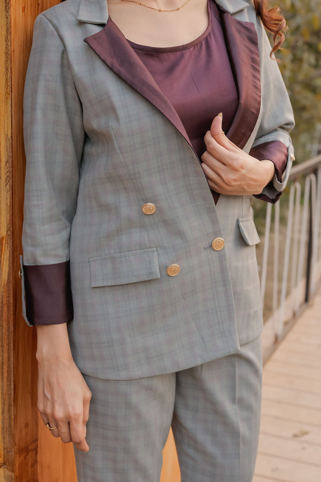 Light green check coat with wine satin detailing and gold buttons EWCT0015-GRNGB