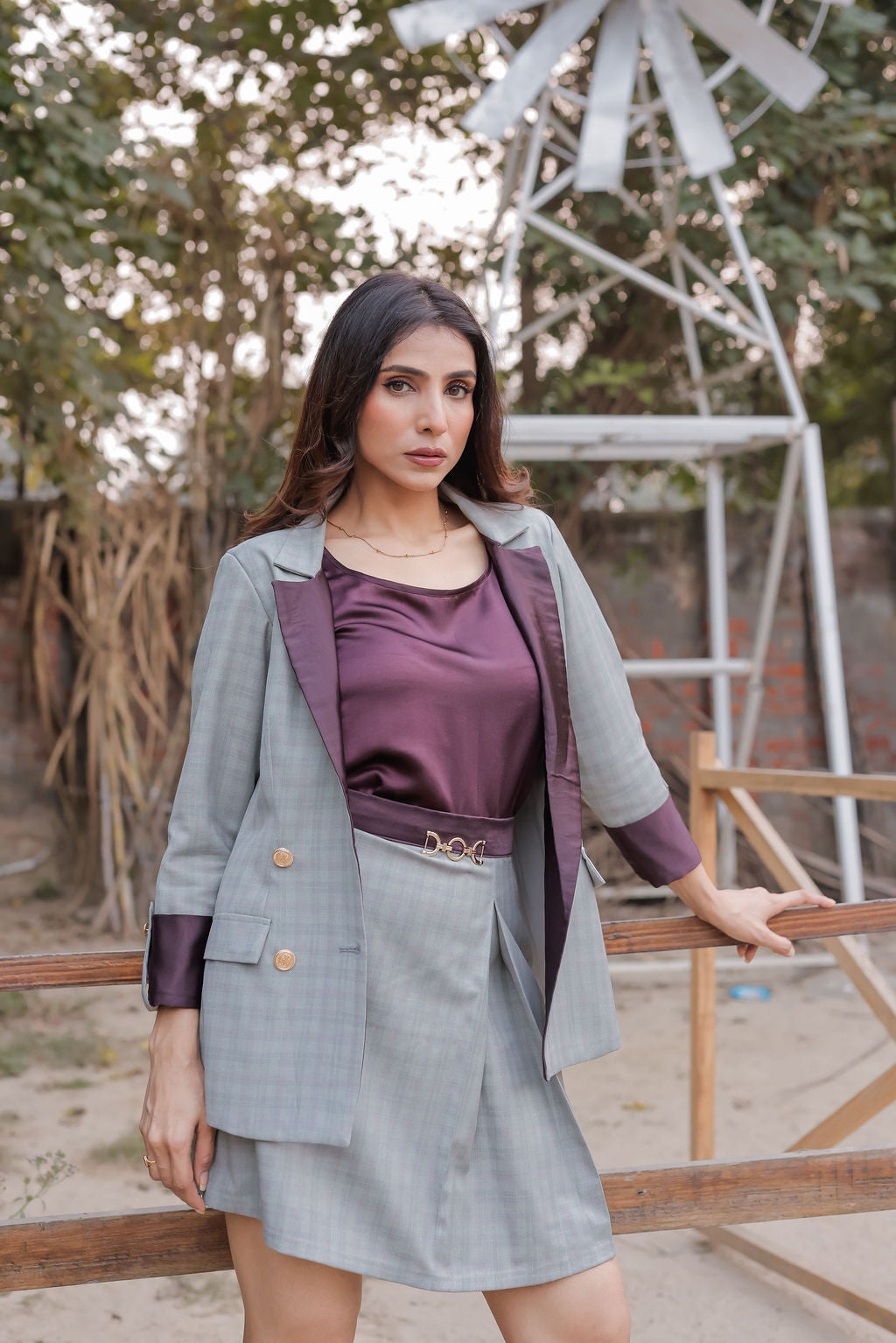 Light green check coat with wine satin detailing and gold buttons EWCT0015-GRNGB