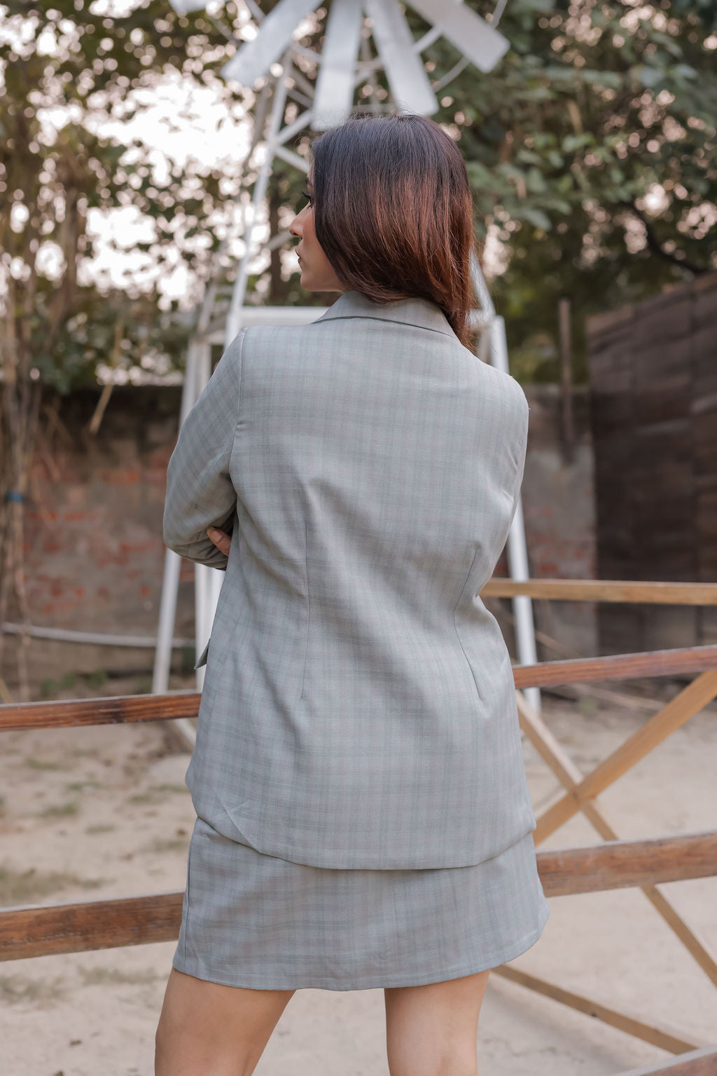 Light green check coat with wine satin detailing and gold buttons EWCT0015-GRNGB