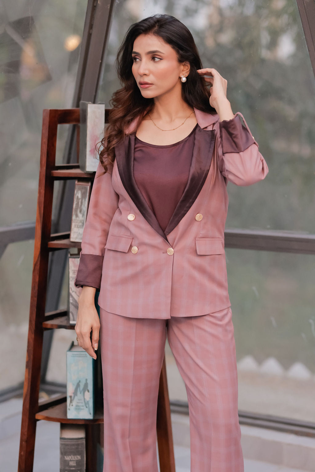 Mauve check coat with wine satin detailing with gold buttons & Pants Co ord set EWCO0039-MAUPT