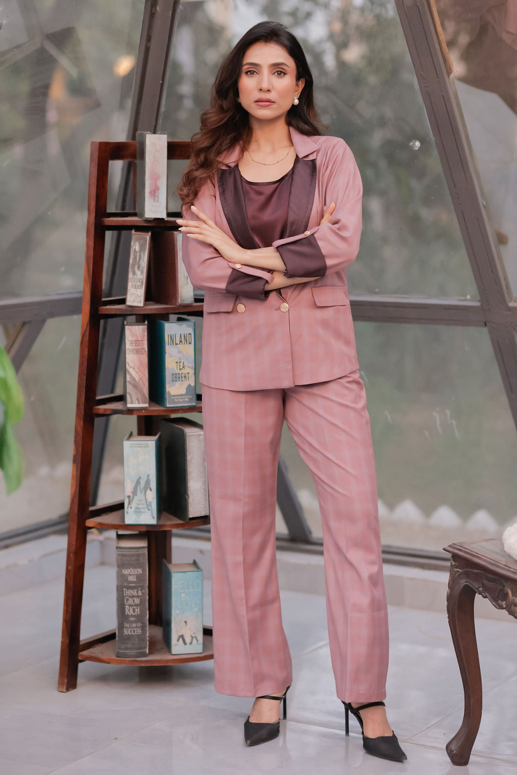 Mauve check coat with wine satin detailing with gold buttons & Pants Co ord set EWCO0039-MAUPT