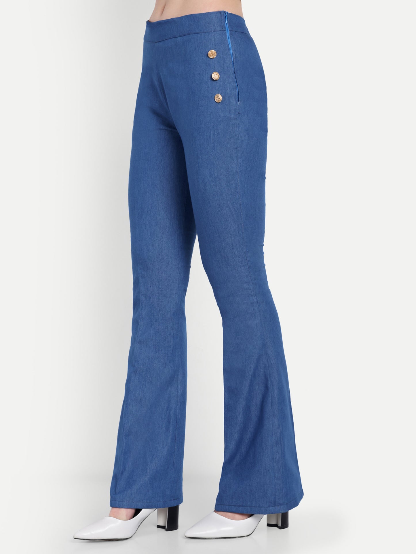 Mid blue denim co ord set with gold buttons on waistcoat and pants - esseneur,