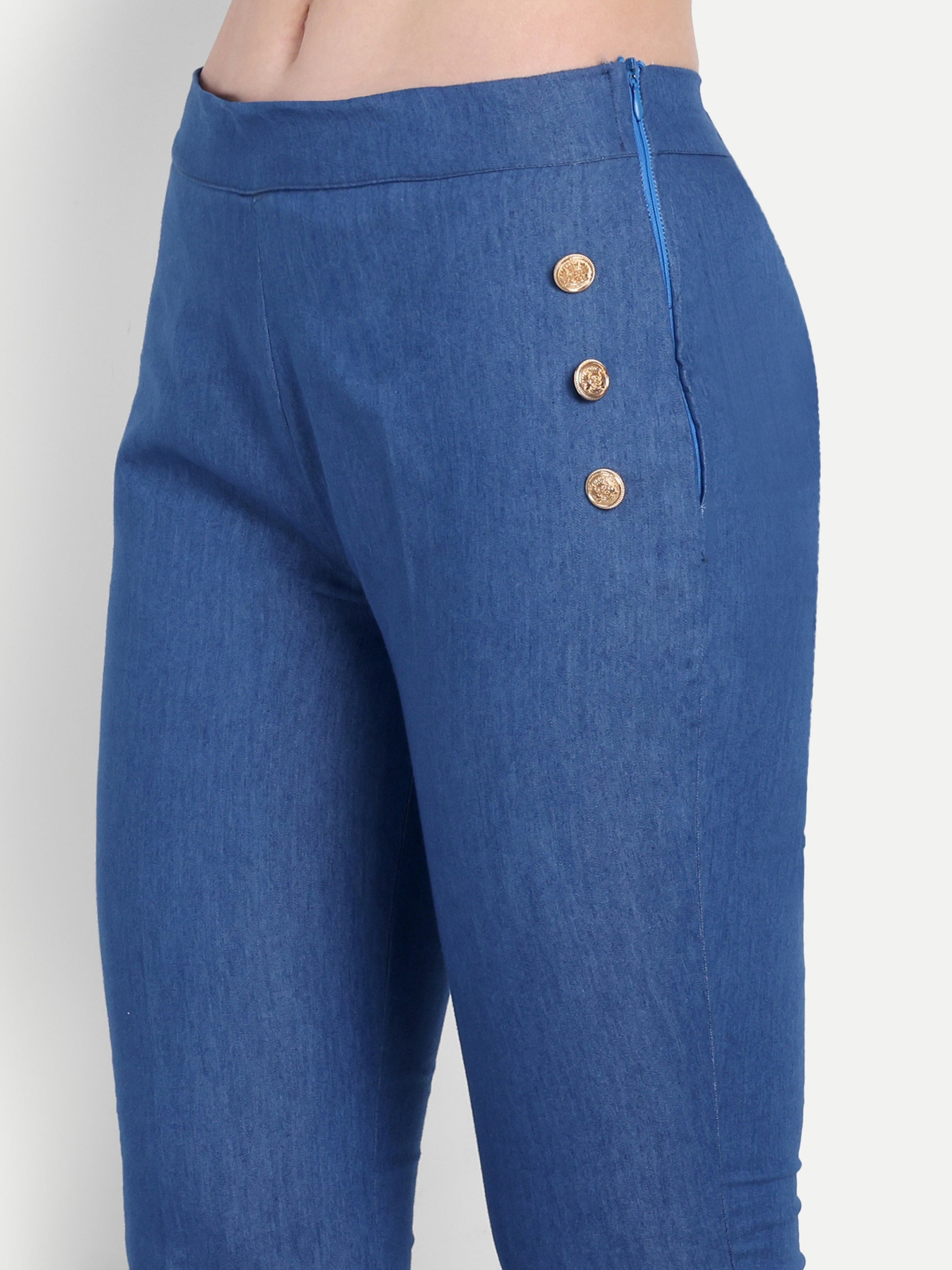 Mid blue denim co ord set with gold buttons on waistcoat and pants - esseneur.