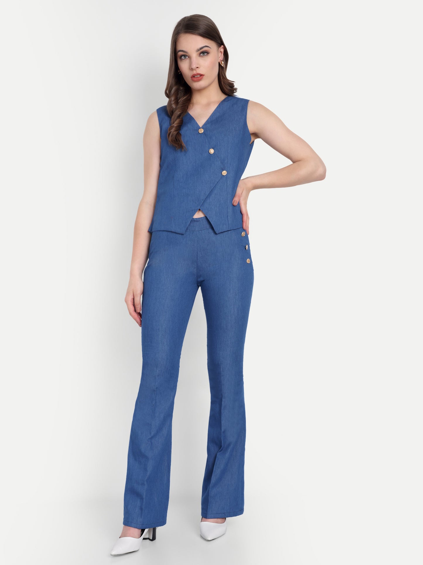 Mid blue denim co ord set with gold buttons on waistcoat and pants - esseneur.