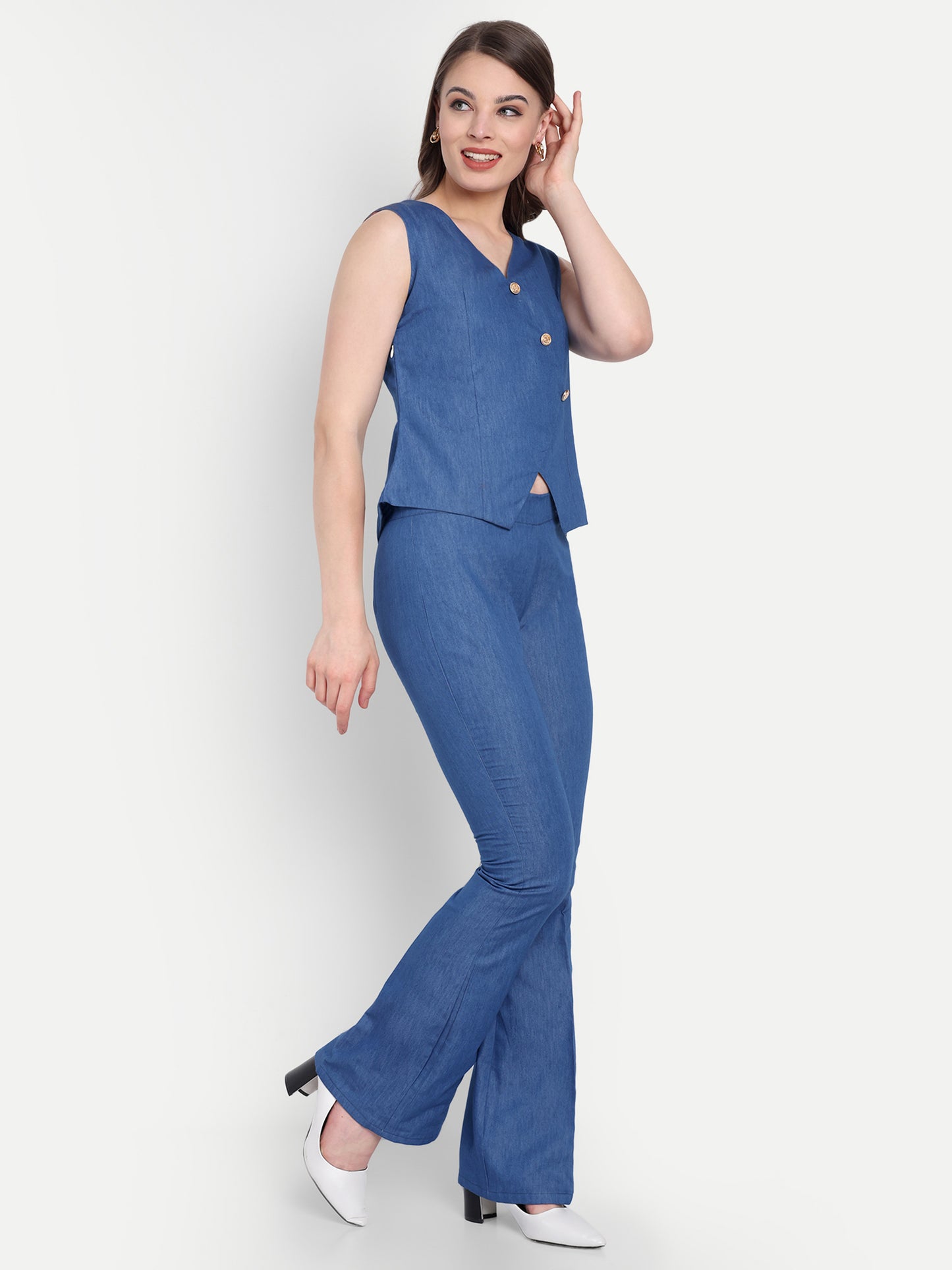 Mid blue denim co ord set with gold buttons on waistcoat and pants- esseneur.