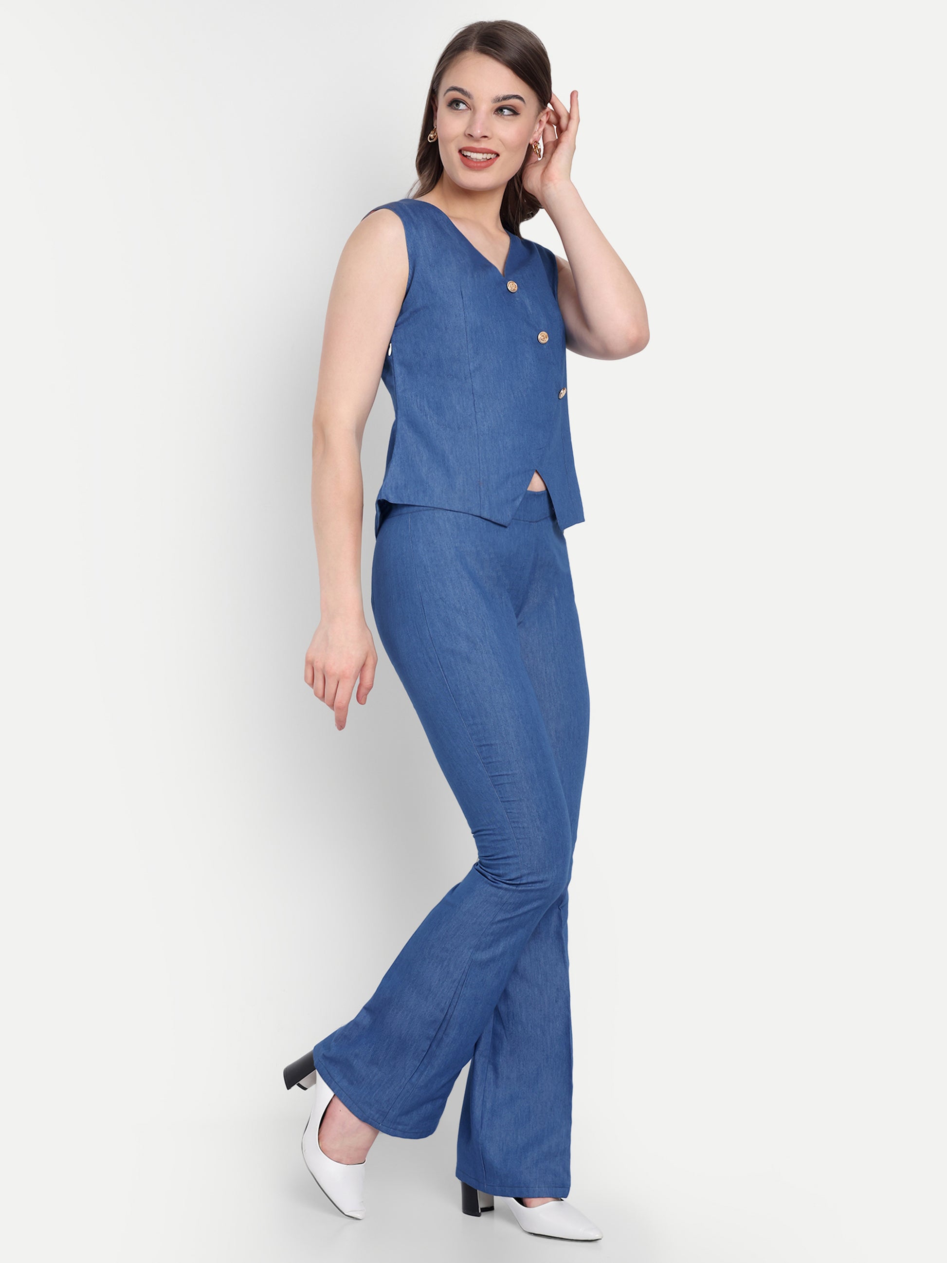 Mid blue denim co ord set with gold buttons on waistcoat and pants- esseneur.
