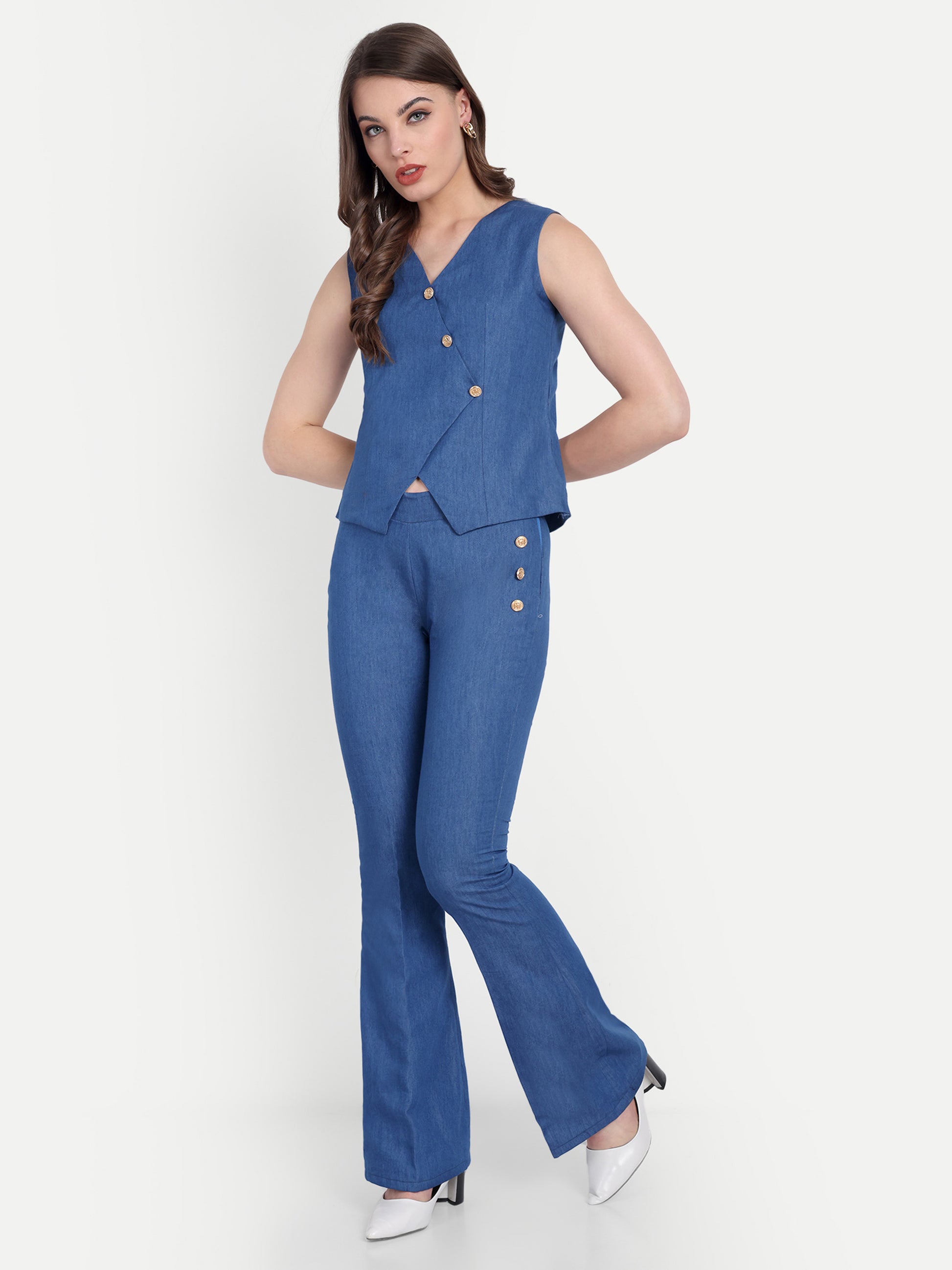 Mid blue denim co ord set with gold buttons on waistcoat and pants - esseneur.