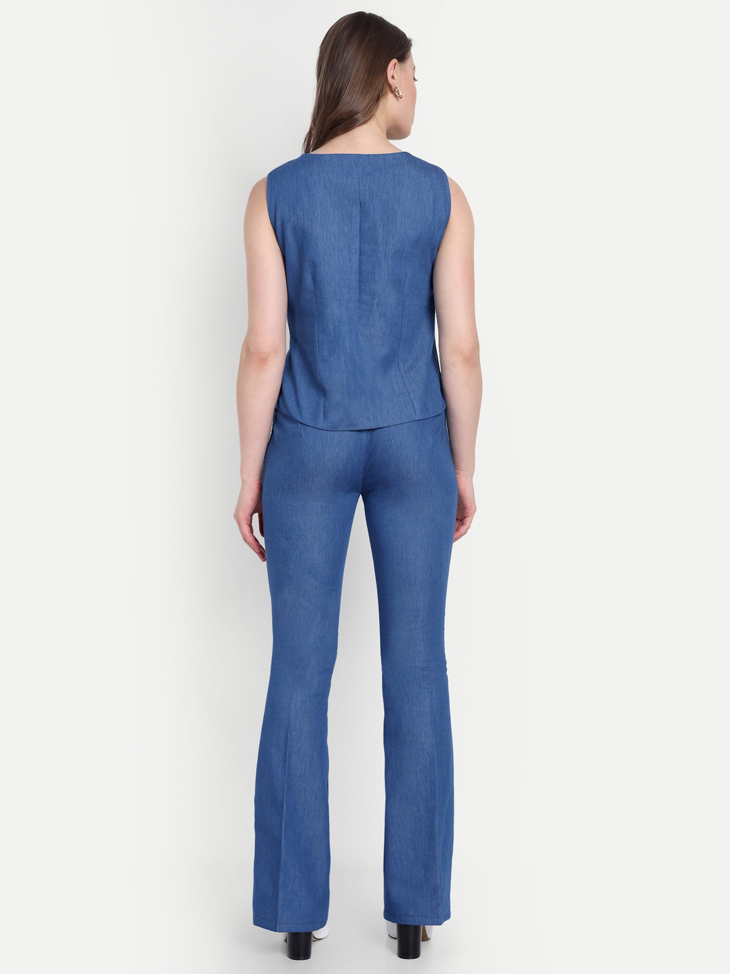 Mid blue denim co ord set with gold buttons on waistcoat and pants - esseneur.