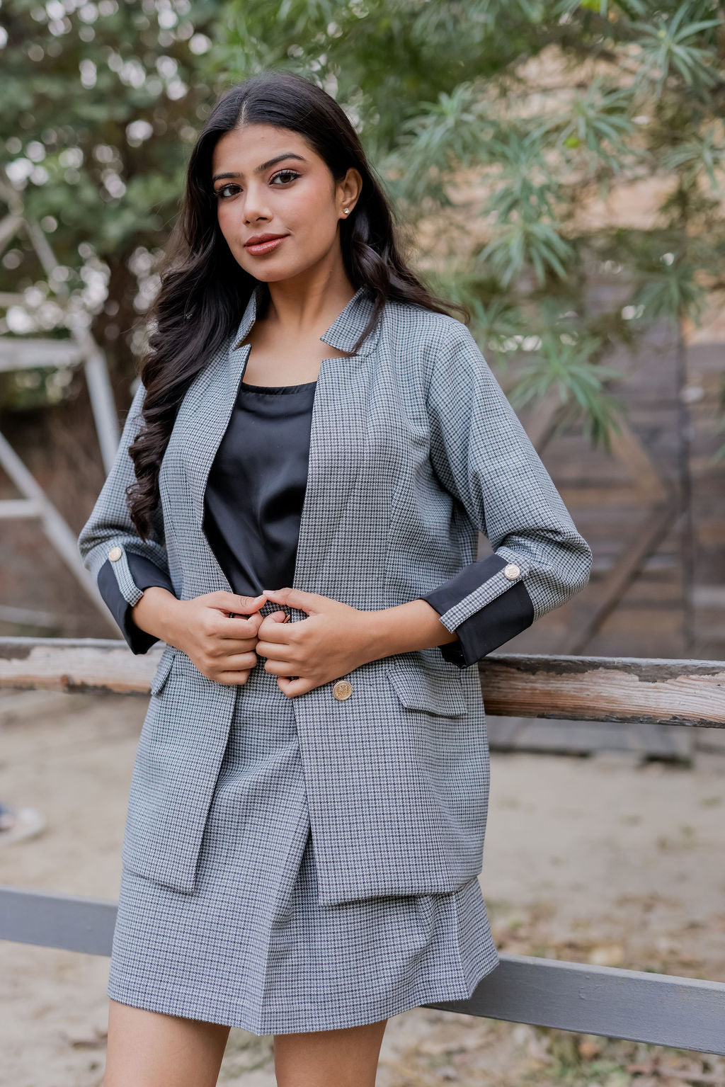 Black and grey woollen houndstooth coat & Pants Co ord set  with black satin detailing and gold buttons