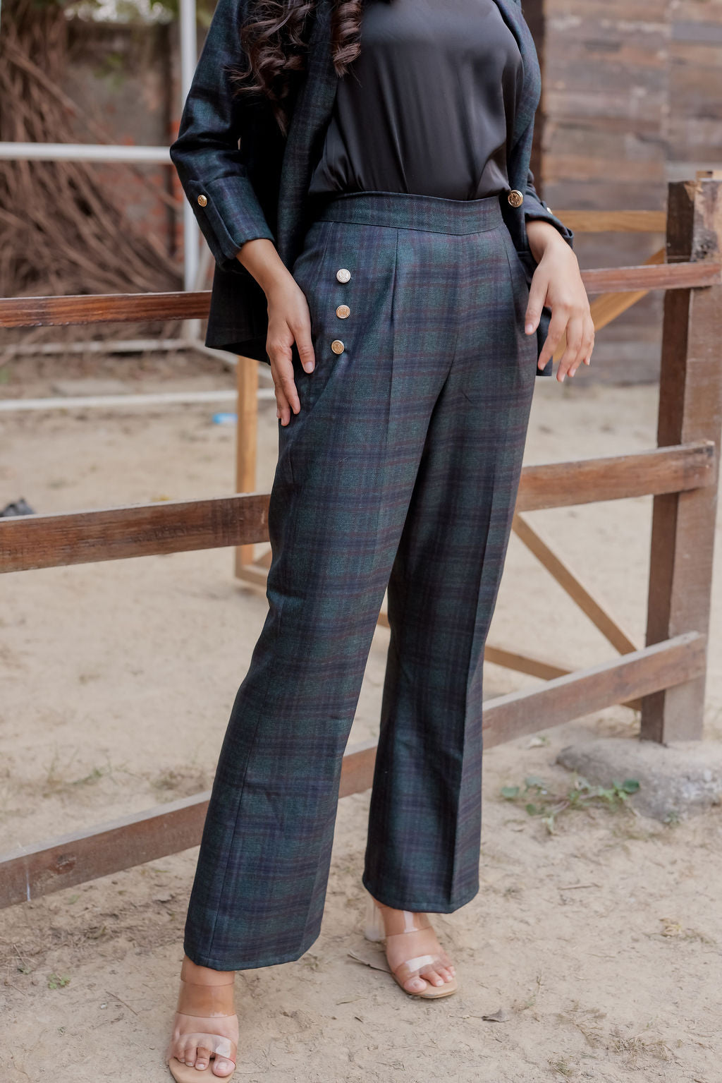 Green & Blue tweed fabric coat with gold buttons detailing & Pants Co ord set EWCO0037-GRNPT
