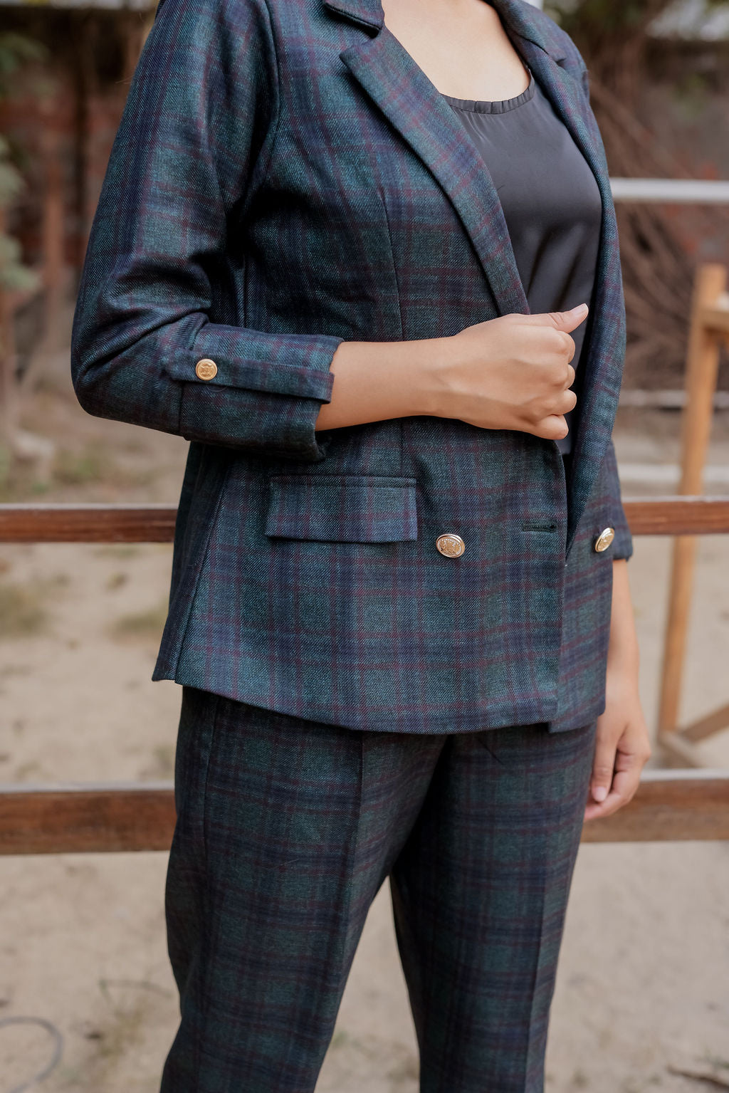 Green & Blue tweed fabric coat with gold buttons detailing & Pants Co ord set EWCO0037-GRNPT