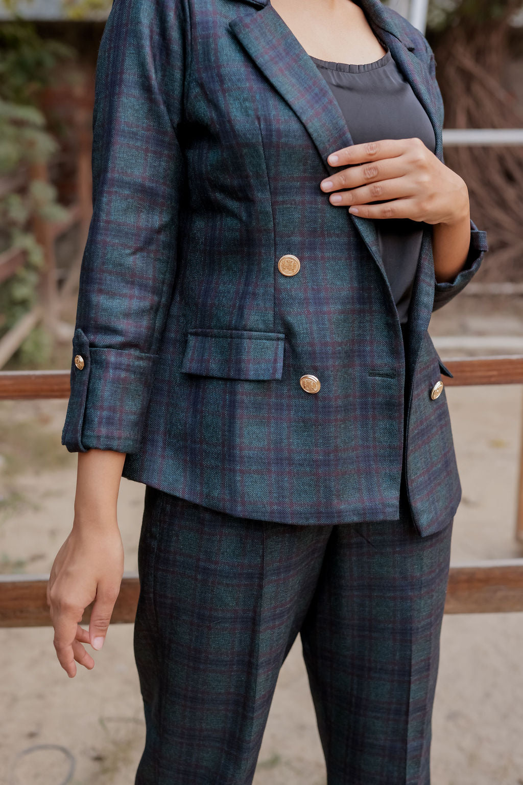Green & Blue tweed fabric coat with gold buttons detailing & Pants Co ord set EWCO0037-GRNPT