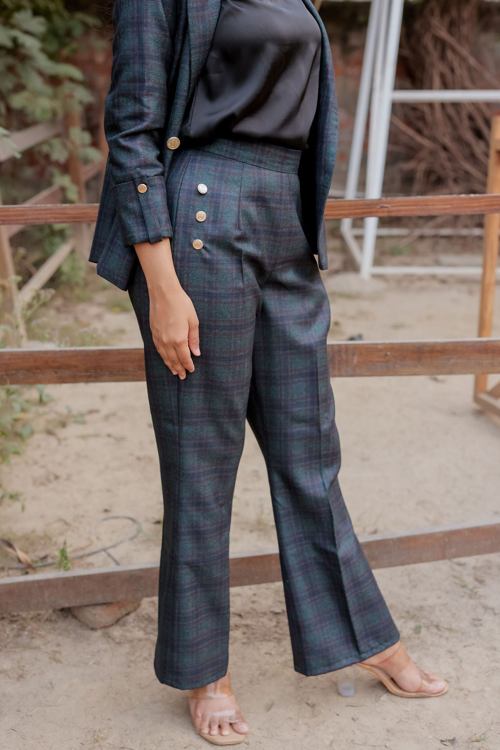 Green & Blue tweed fabric coat with gold buttons detailing & Pants Co ord set EWCO0037-GRNPT