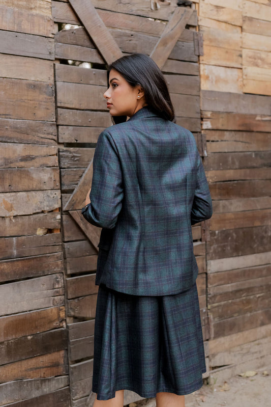 Green & Blue tweed fabric coat with gold buttons detailing & Skirt Co ord set  EWCO0037-GRNSK