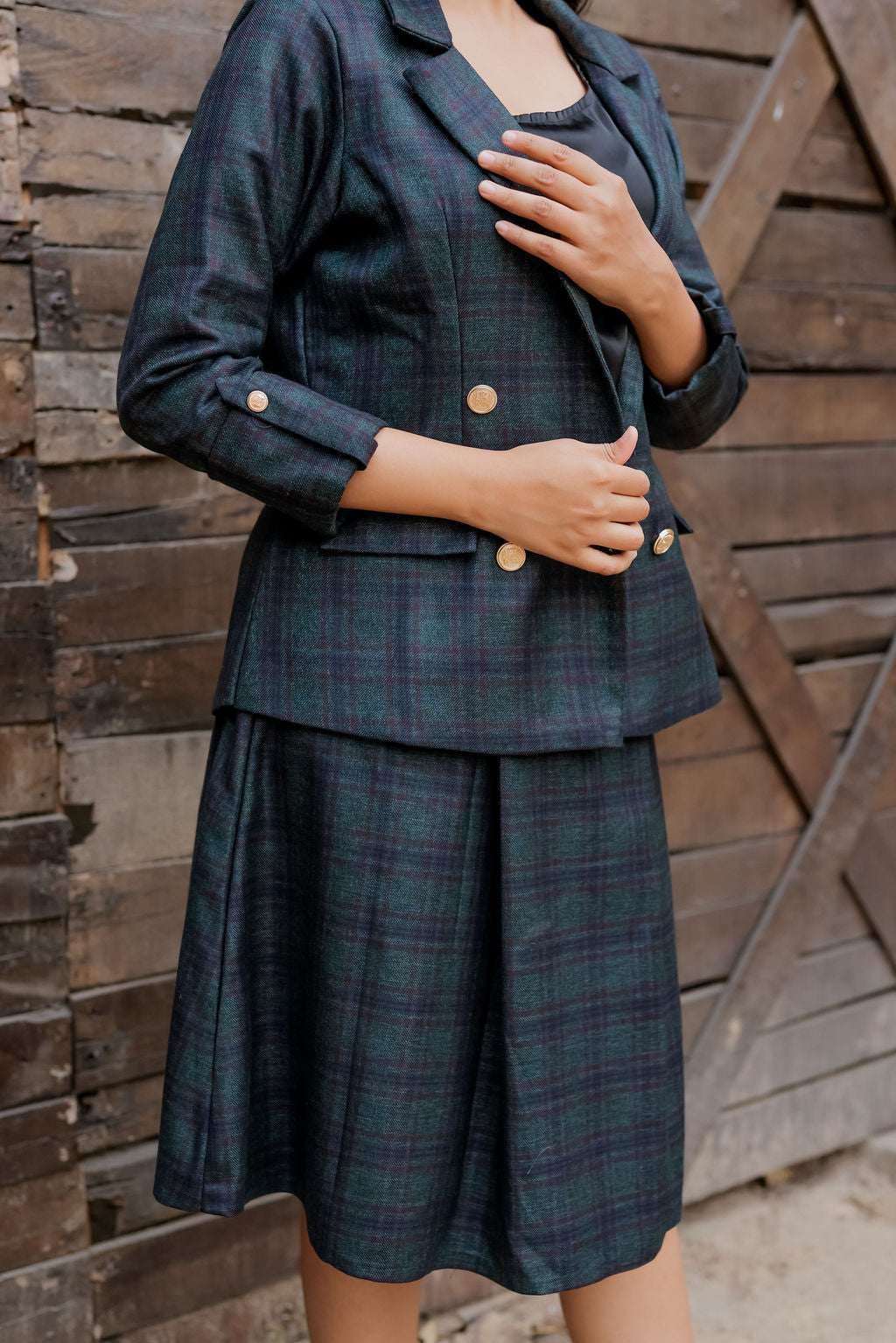 Green & blue tweed long skirt ESWSK0007-GRNGB