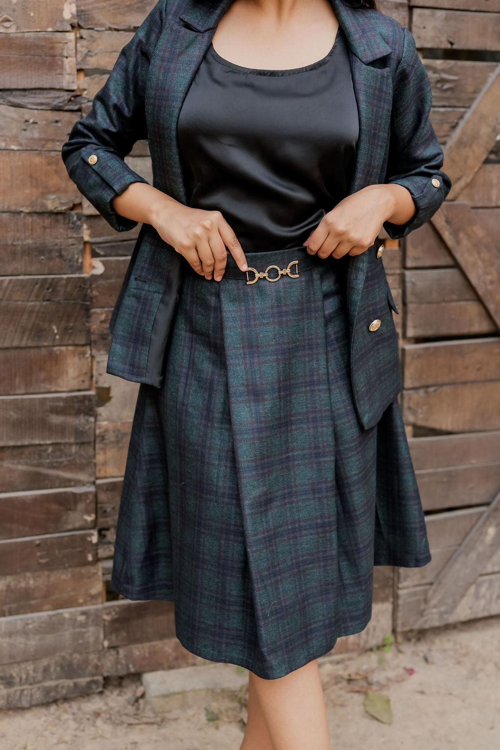 Green & blue tweed long skirt ESWSK0007-GRNGB