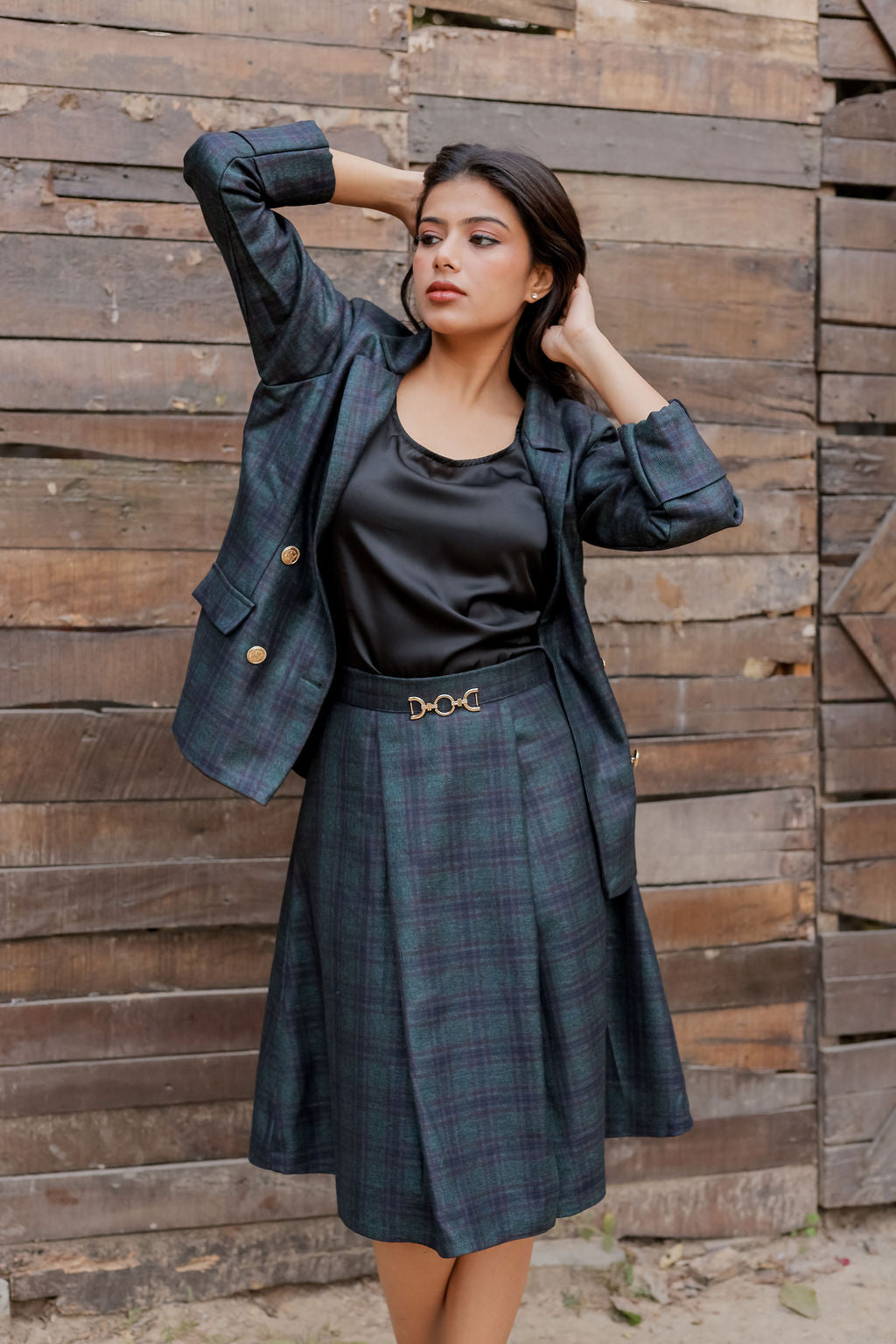 Green & blue tweed long skirt ESWSK0007-GRNGB