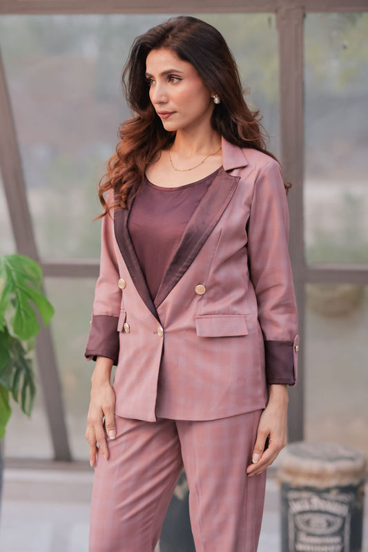 Peach crepe coat with Wine satin detailing and gold buttons & Pants Co ord set EWCO0036-PEAPT