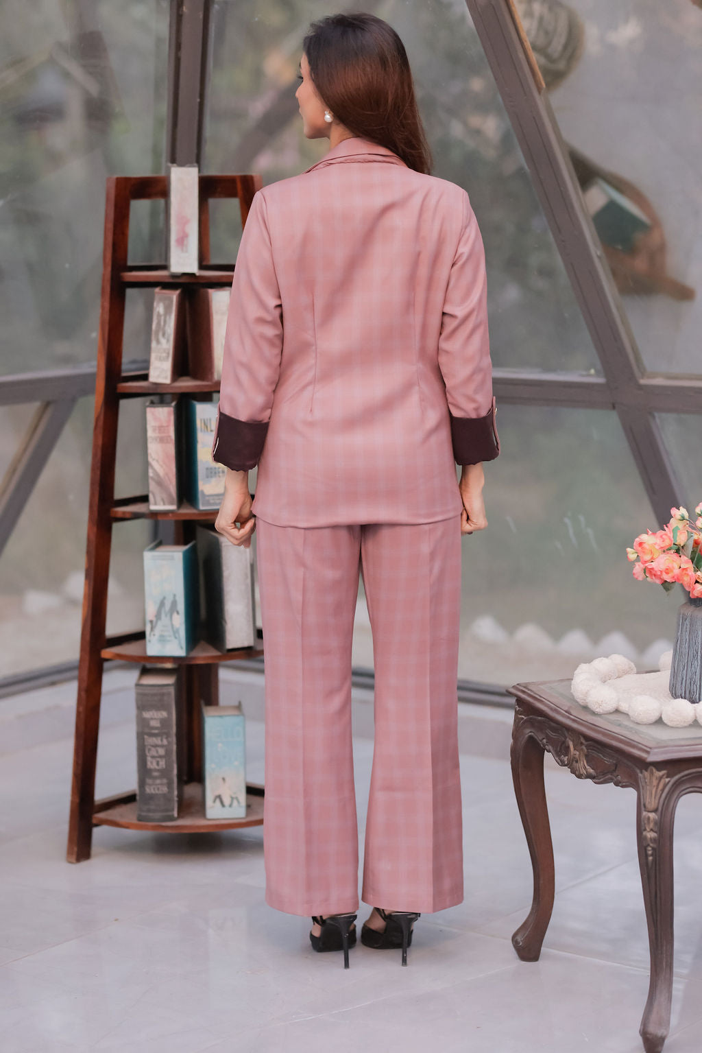 Peach crepe coat with Wine satin detailing and gold buttons & Pants Co ord set EWCO0036-PEAPT