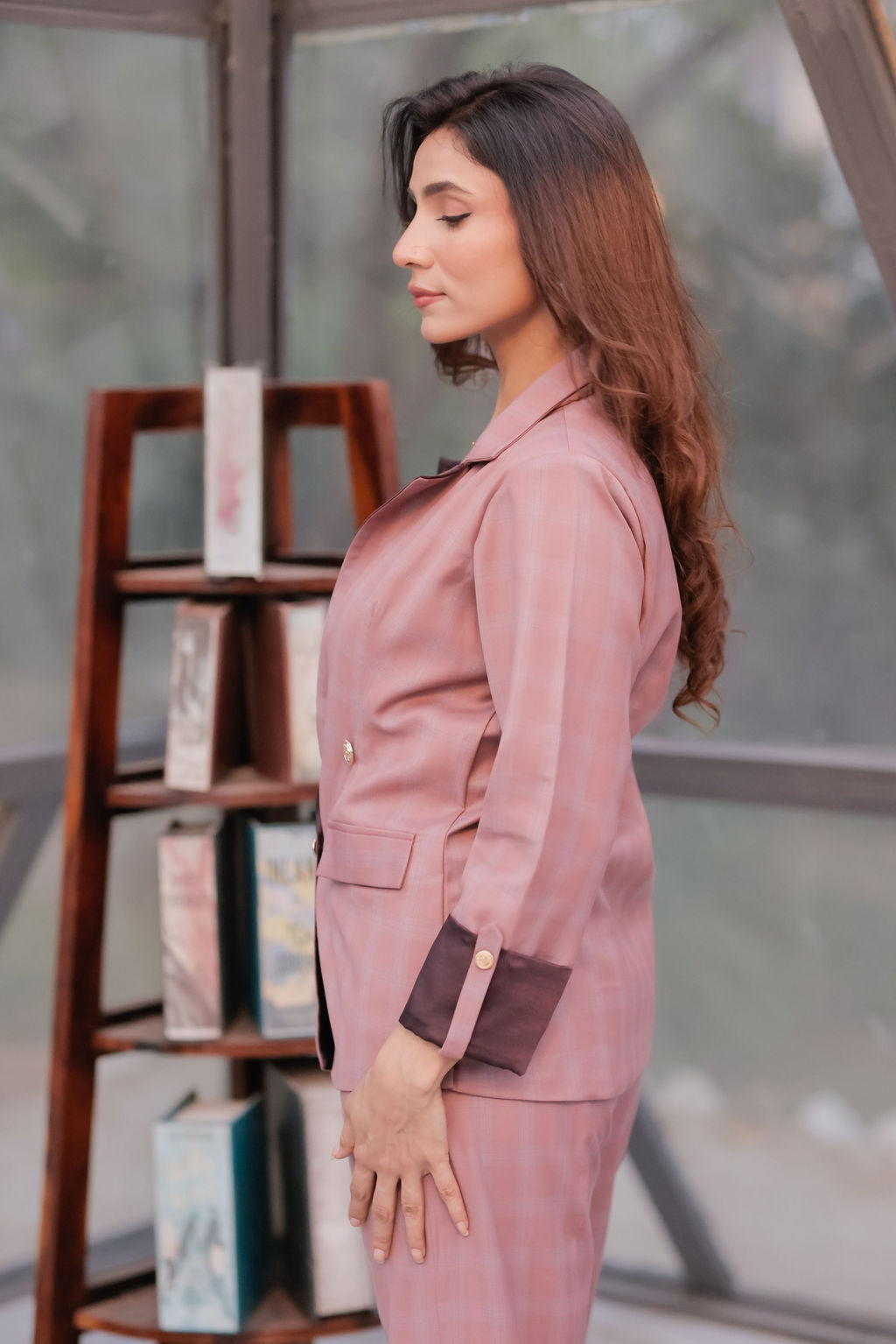 Peach crepe coat with Wine satin detailing and gold buttons & Pants Co ord set EWCO0036-PEAPT