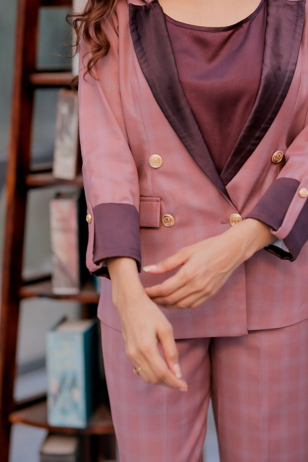 Mauve check coat with wine satin detailing with gold buttons & Pants Co ord set EWCO0039-MAUPT