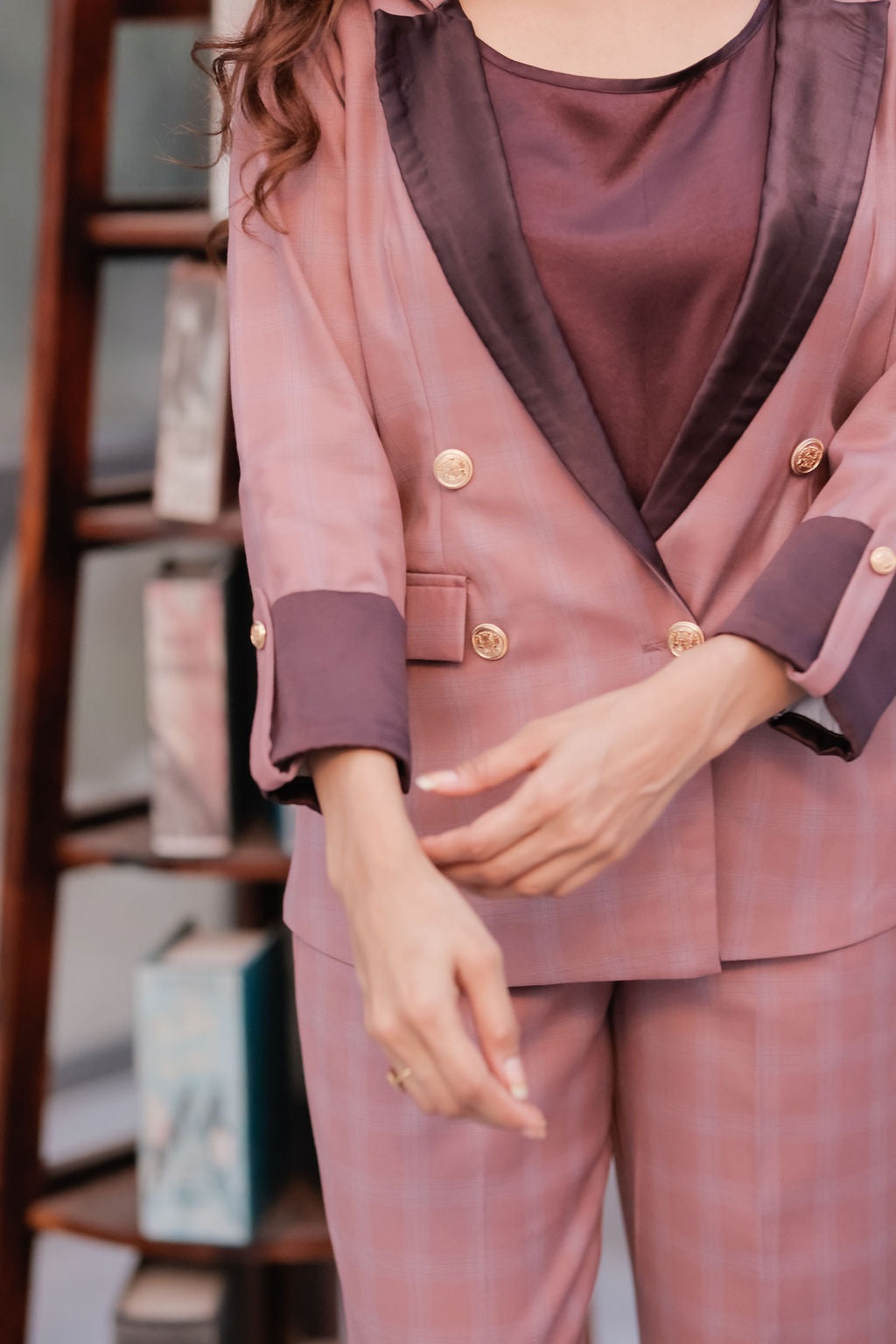 Peach crepe coat with Wine satin detailing and gold buttons & Pants Co ord set EWCO0036-PEAPT