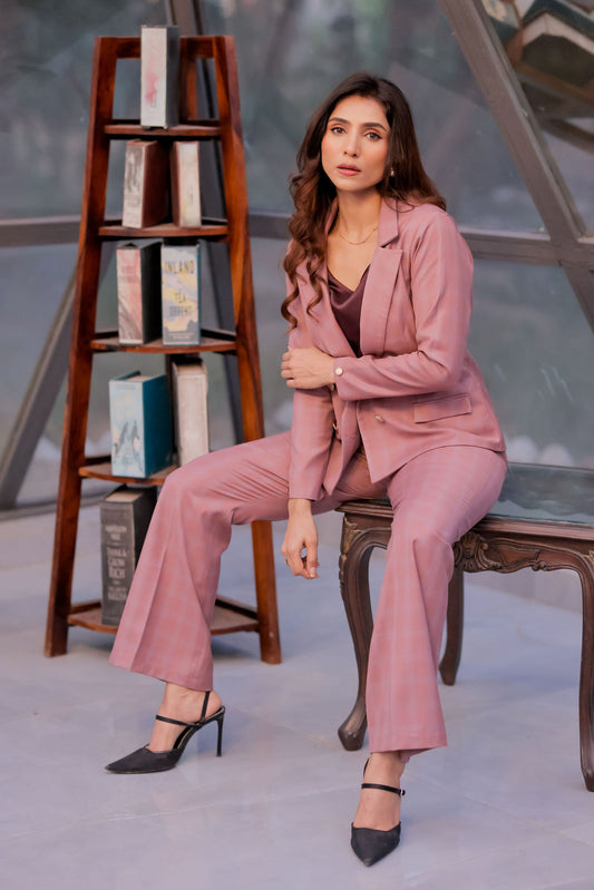 Mauve check coat with gold buttons detailing & Pants Co ord set EWCO0038-MAUPT
