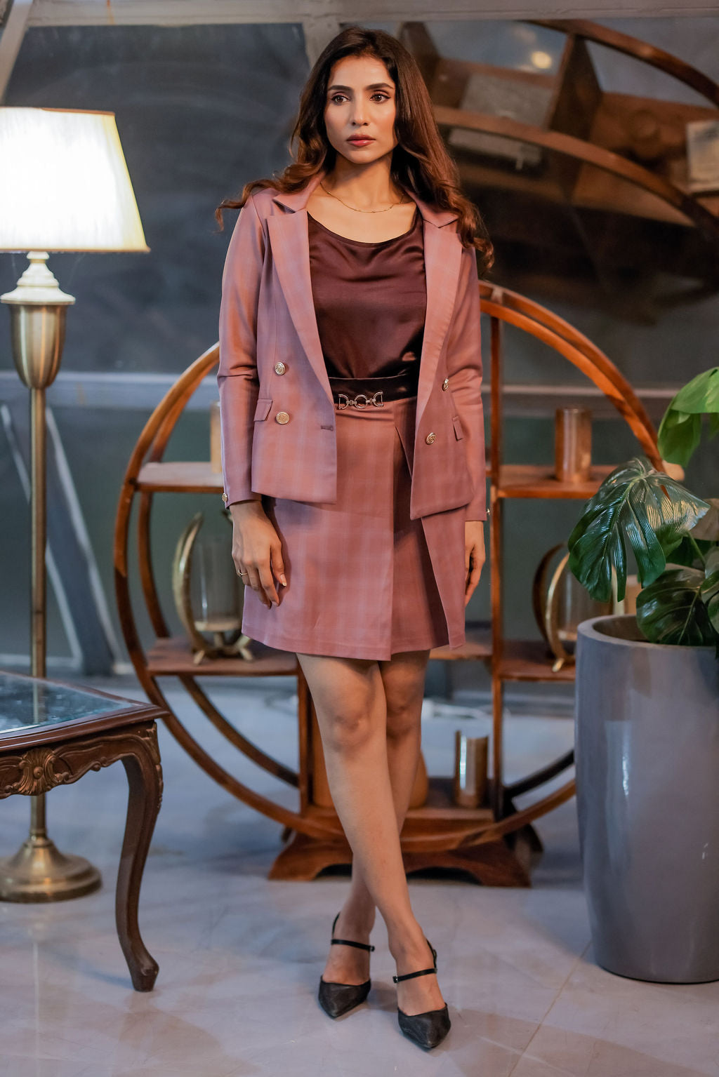 Mauve check coat with wine satin detailing with gold buttons & Skirt Co ord set EWCO0039-MAUSK