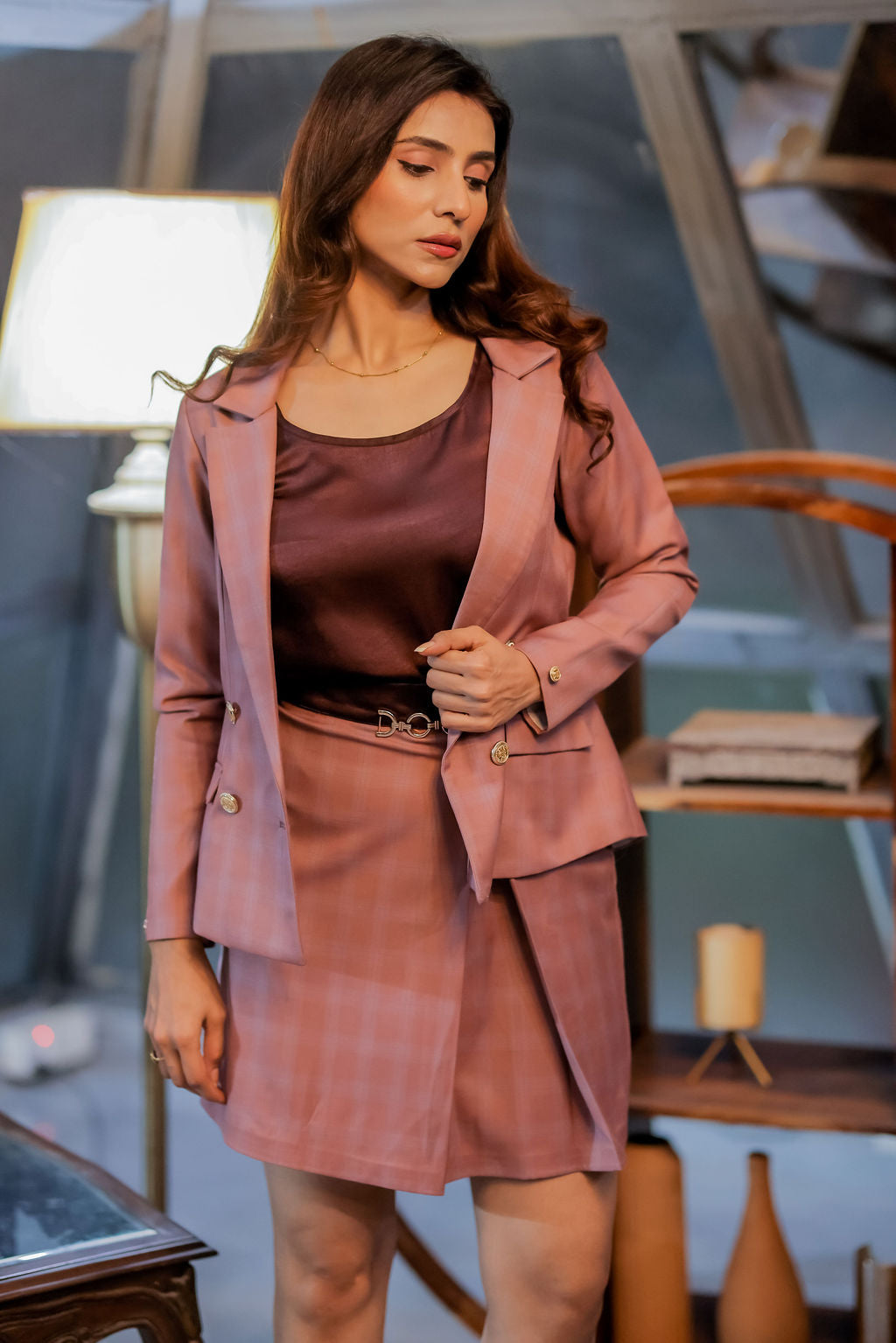 Mauve check coat with gold buttons EWCT0013-MAUGB