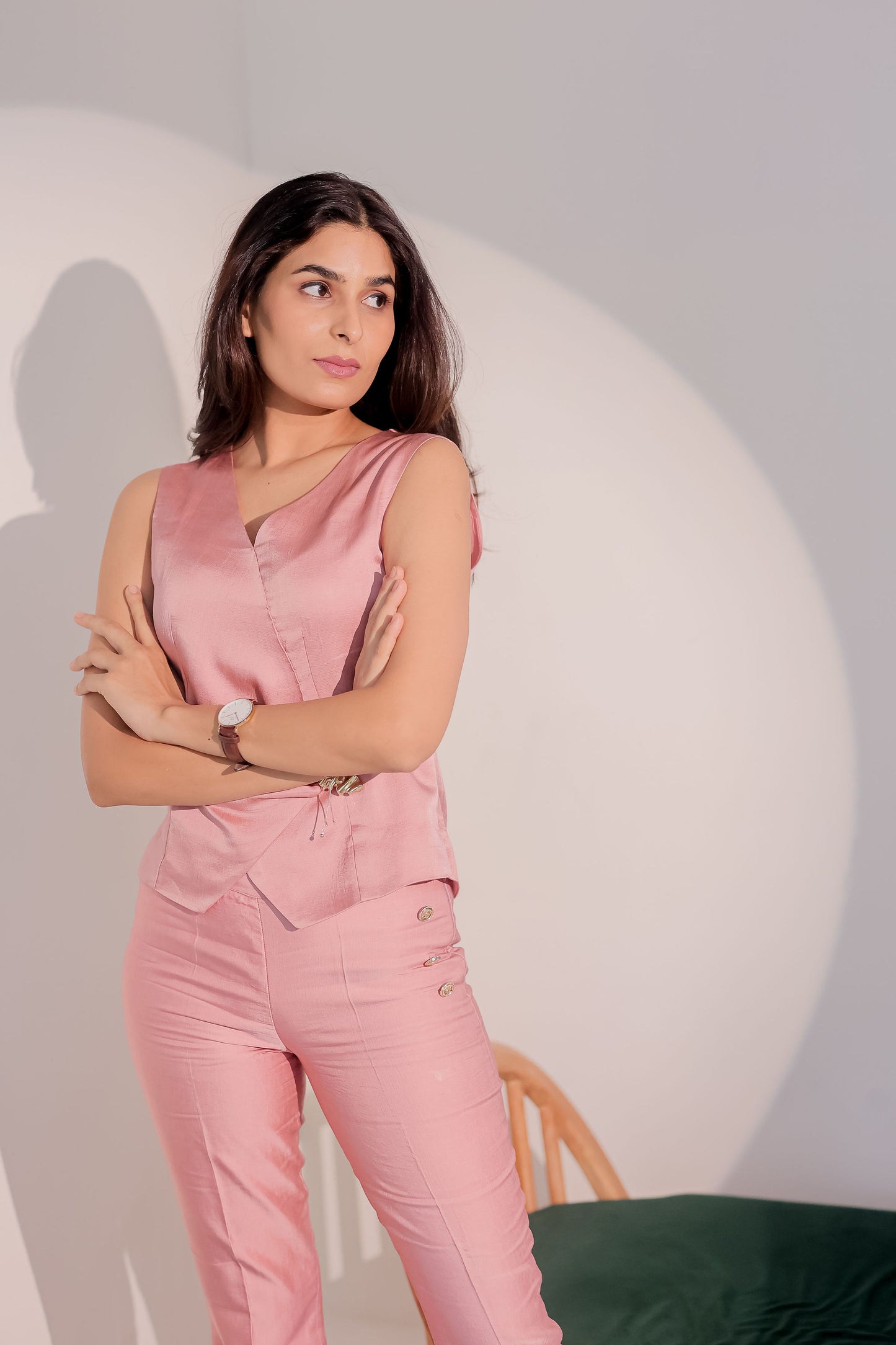 Peach linen waistcoat with gold applique EWTP0068-PEAGA
