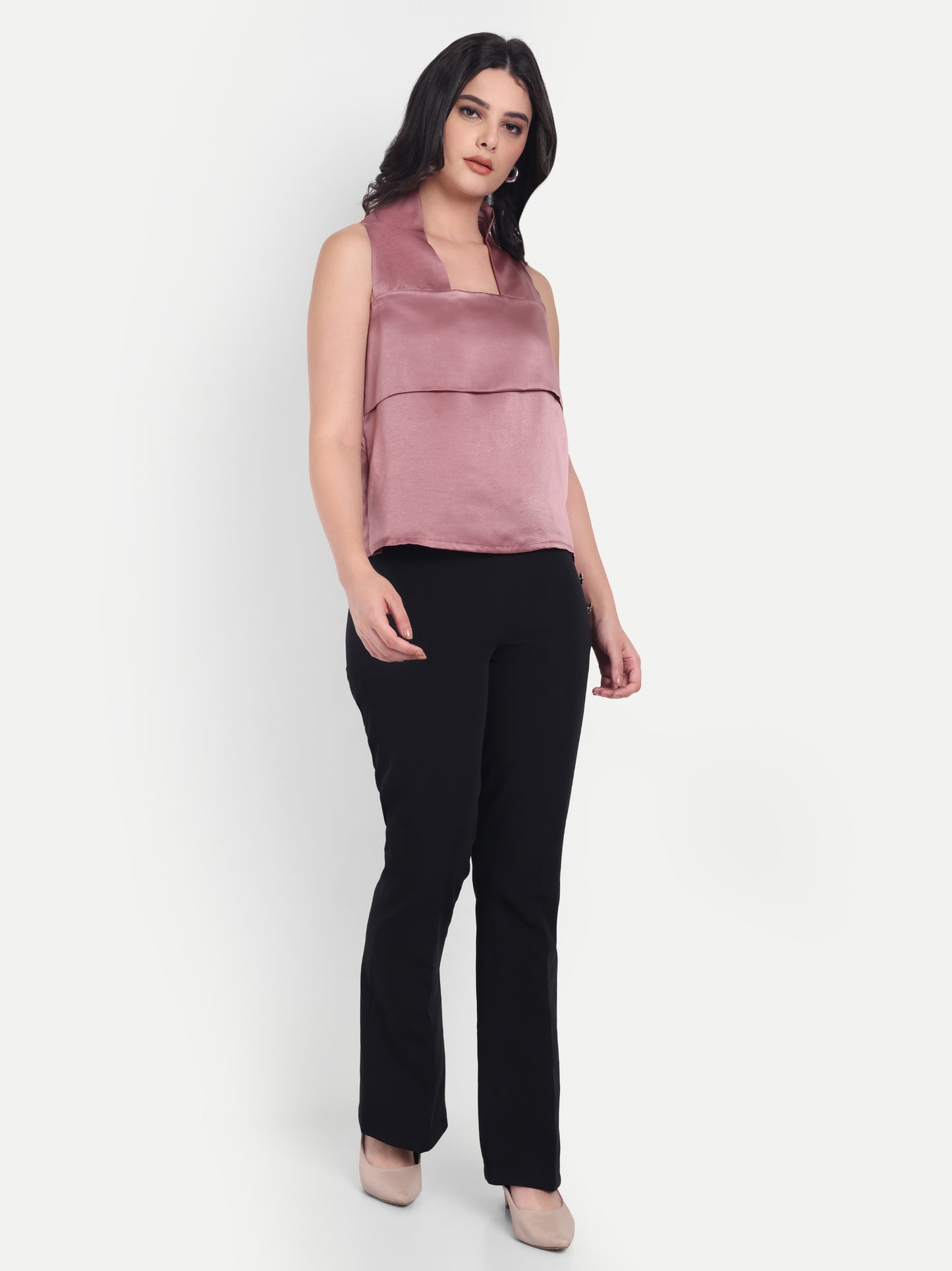Peach boxy satin sleeveless halter neck top- esseneur. 
