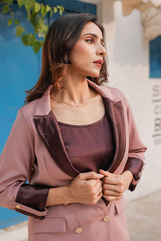 Peach crepe coat with Wine satin detailing and gold buttons EWCT0011-PEAGB
