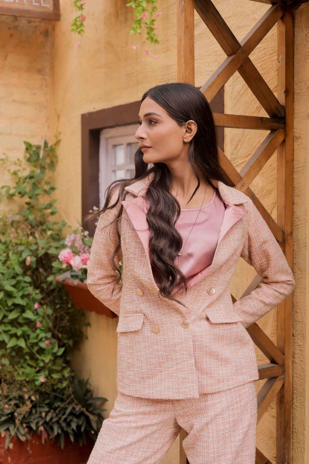 Peach tweed fabric coat with gold buttons detailing EWCT0020-PEAGB