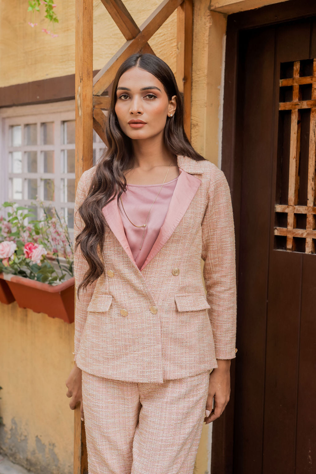 Peach tweed fabric coat with gold buttons detailing EWCT0020-PEAGB