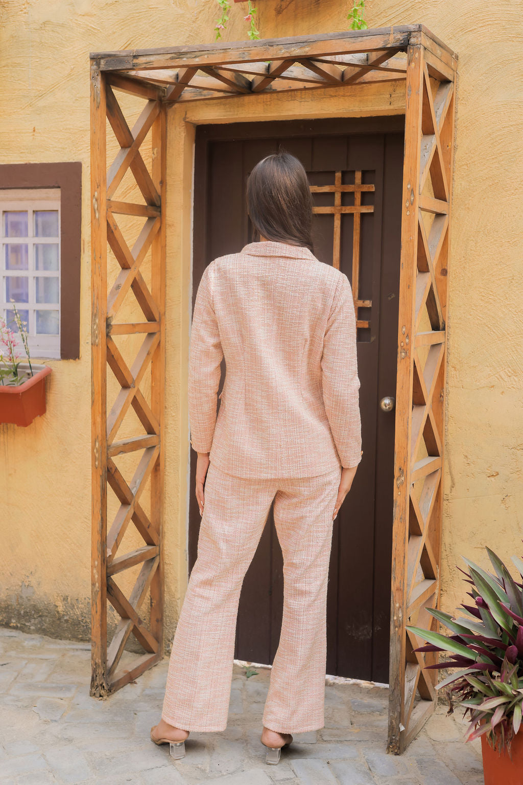 Peach tweed fabric coat with gold buttons detailing EWCT0020-PEAGB