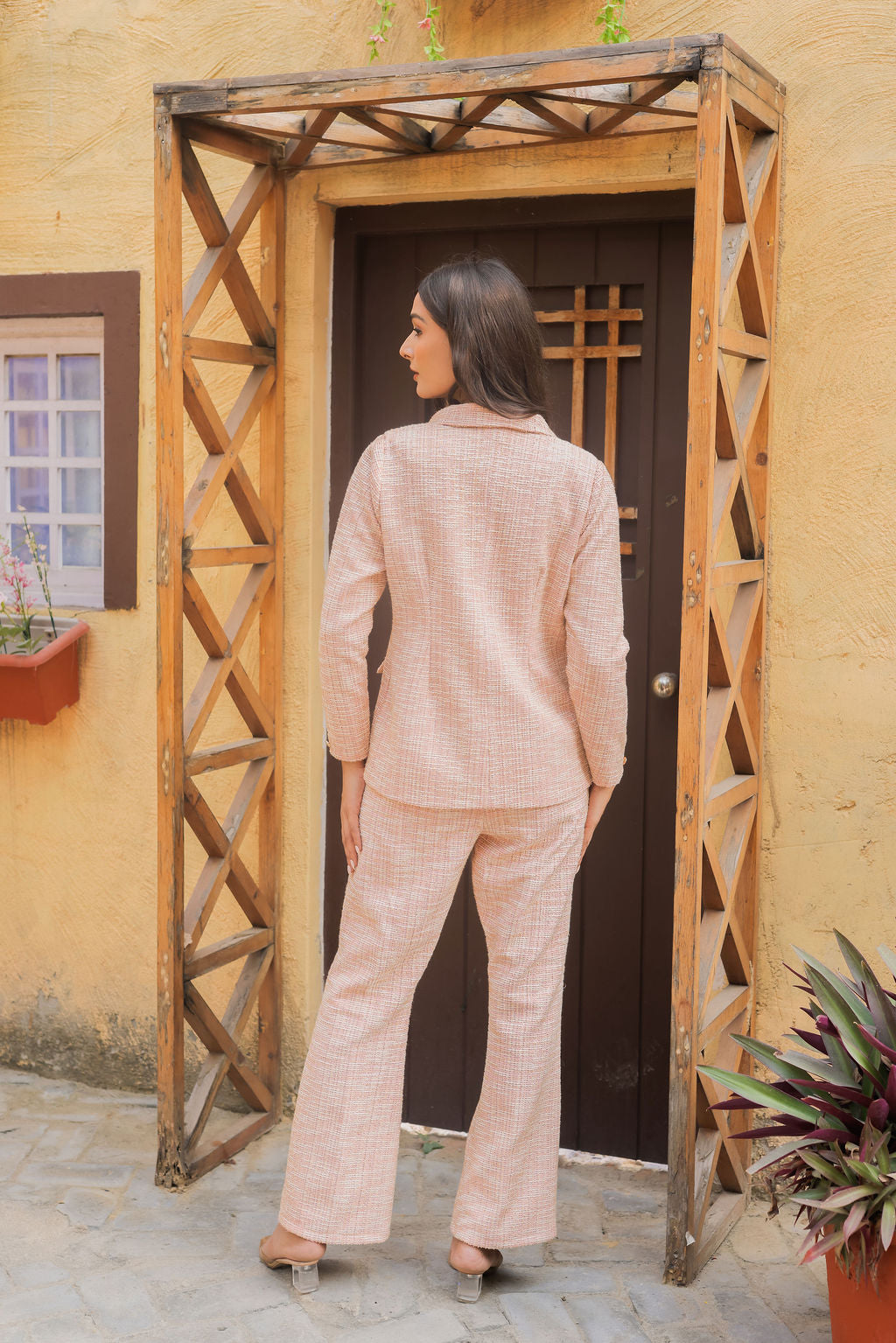 Peach tweed fabric coat with gold buttons detailing EWCT0020-PEAGB