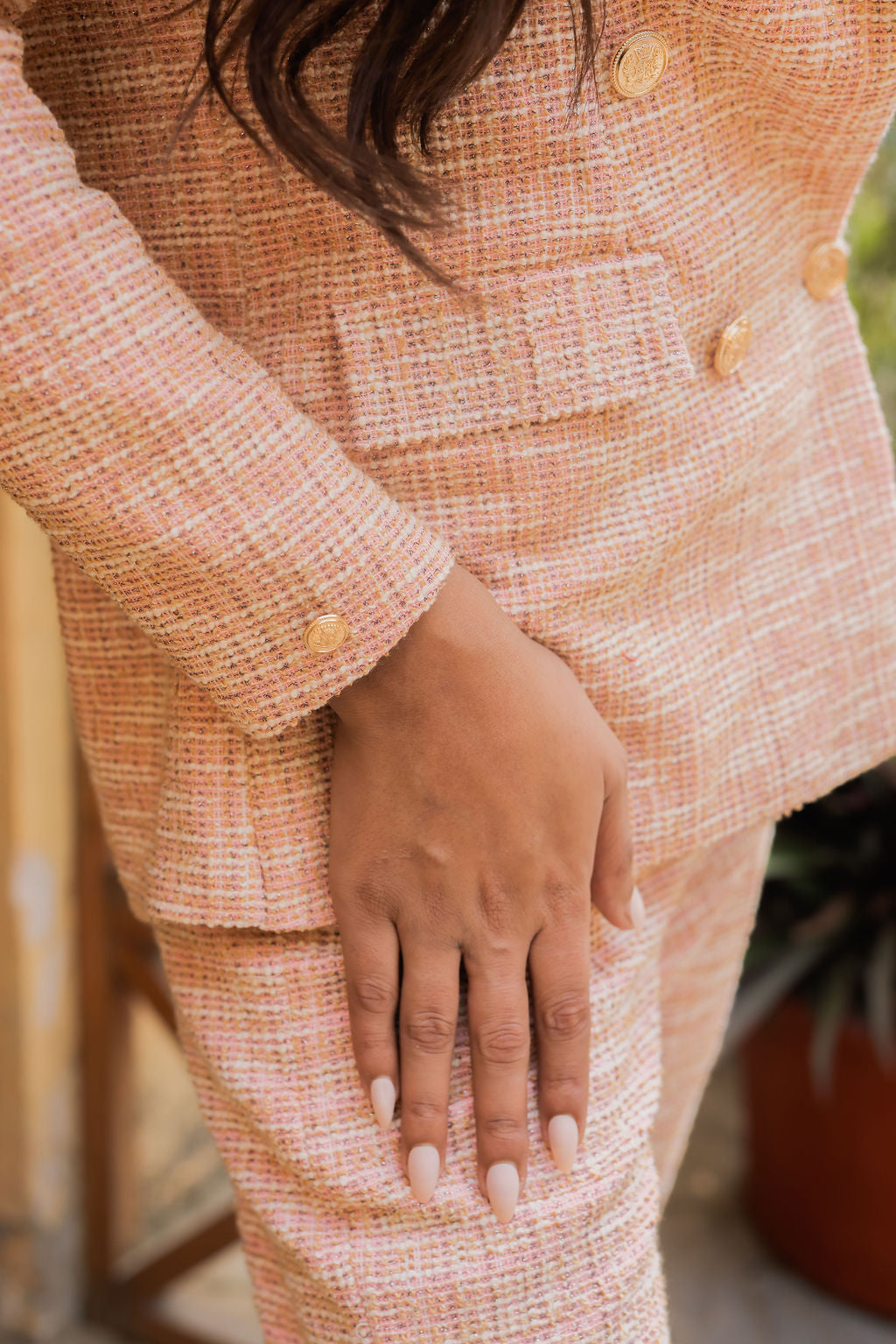 Peach tweed fabric coat with gold buttons detailing & Pants Co ord set EWCO0045-PEAPT