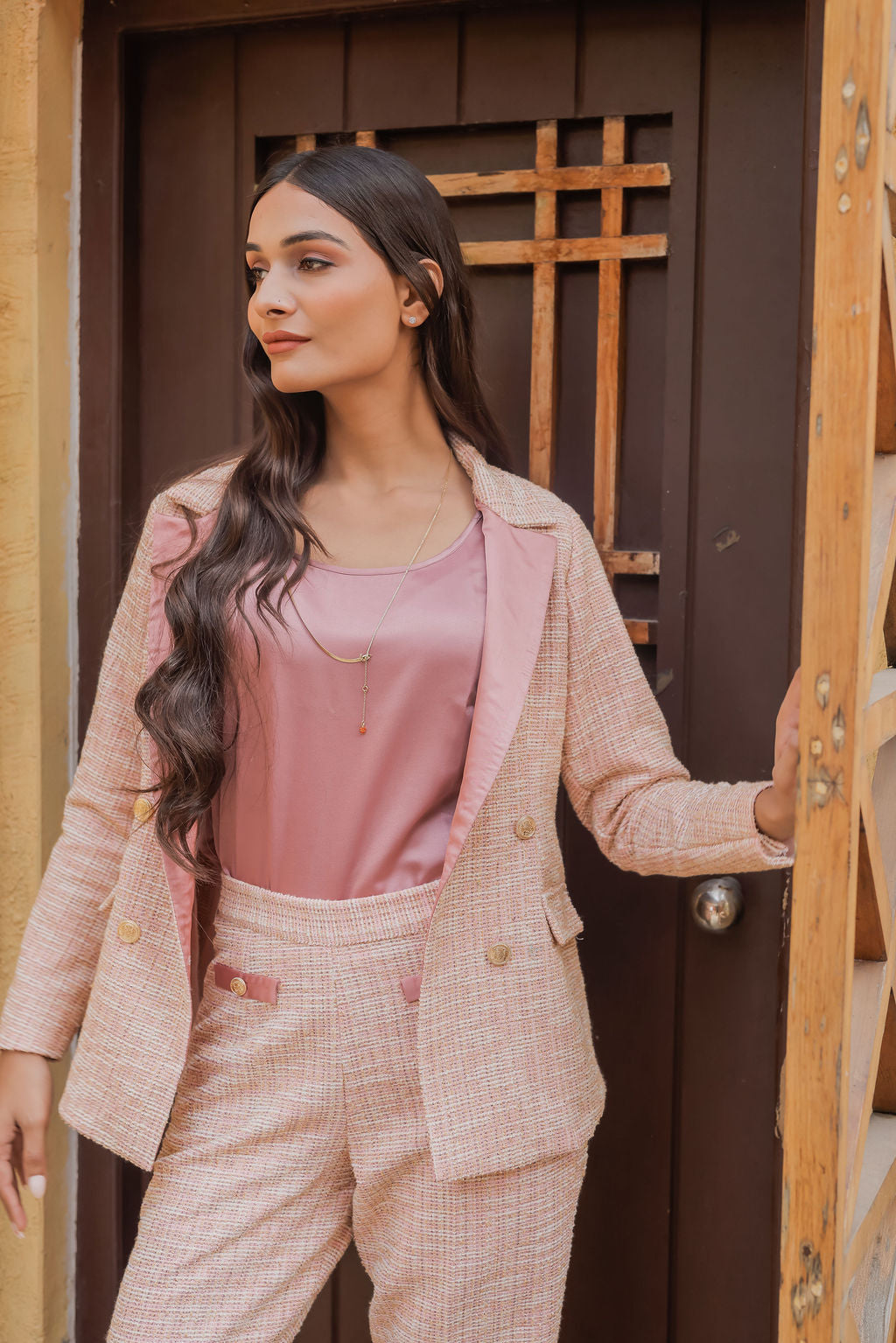 Peach tweed fabric coat with gold buttons detailing EWCT0020-PEAGB