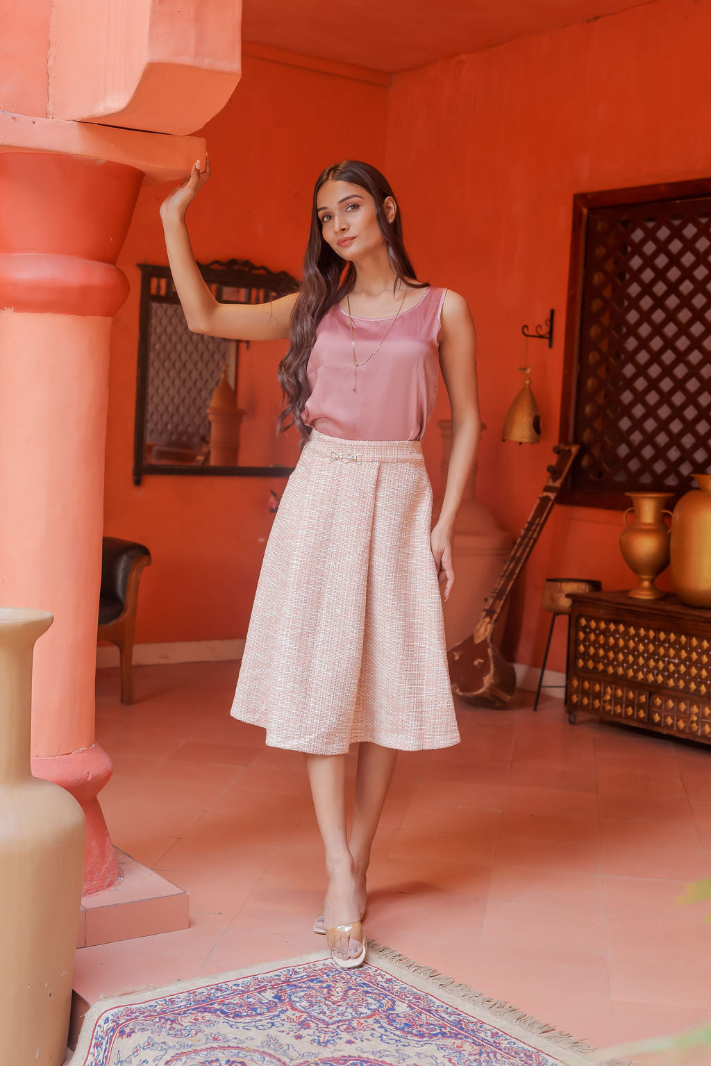 Peach tweed long skirt with gold buckle detailing ESWSK0016-PEAGB