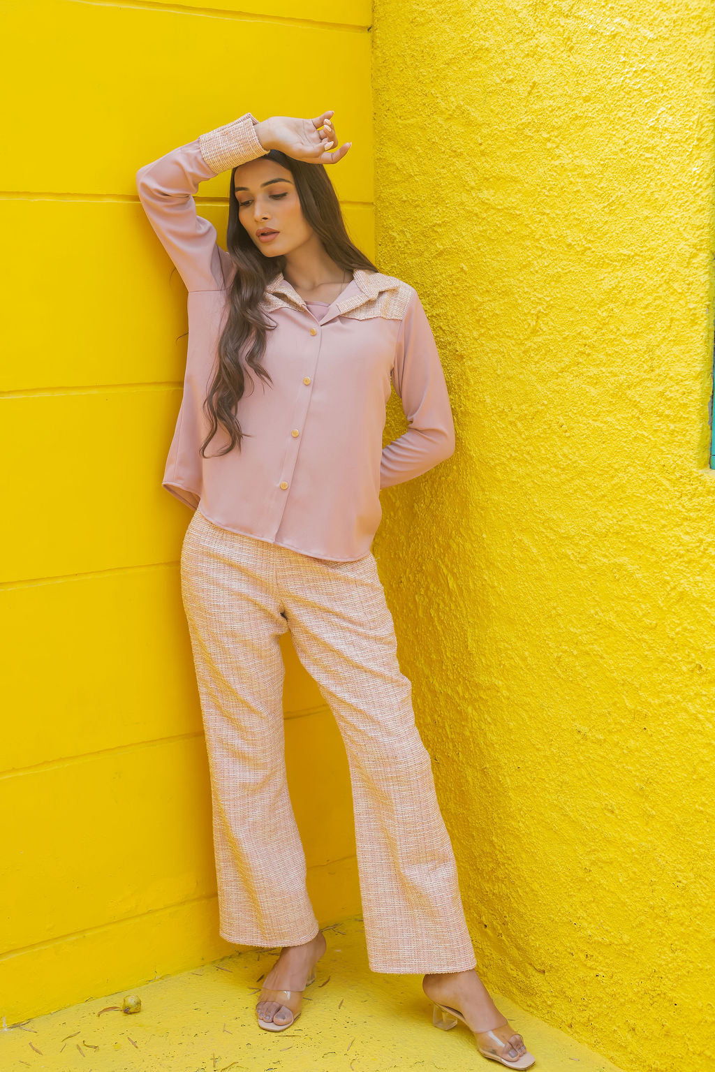 Peach tweed shirt with pants with gold buttons Co Ord Set ESWSH0023-PEAGB