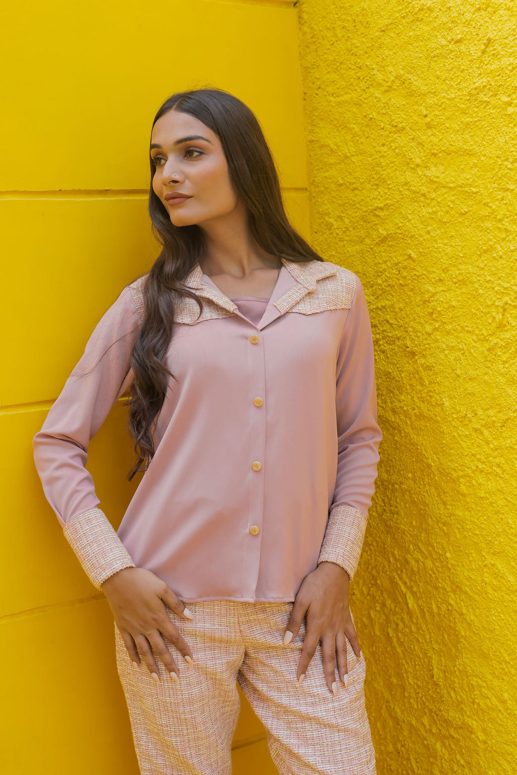 Peach tweed shirt with pants with gold buttons Co Ord Set ESWSH0023-PEAGB
