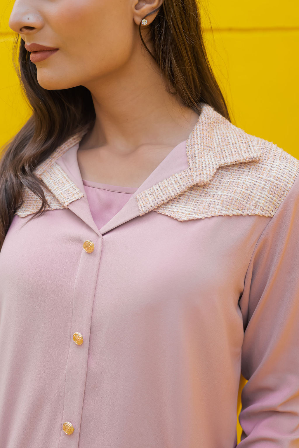Peach tweed shirt with pants with gold buttons Co Ord Set ESWSH0023-PEAGB