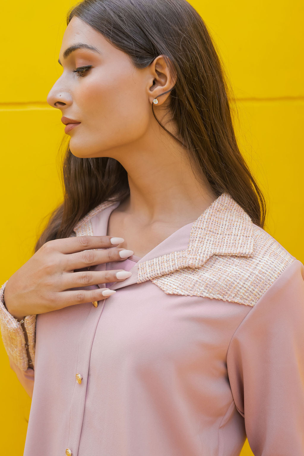 Peach tweed shirt with pants with gold buttons Co Ord Set ESWSH0023-PEAGB