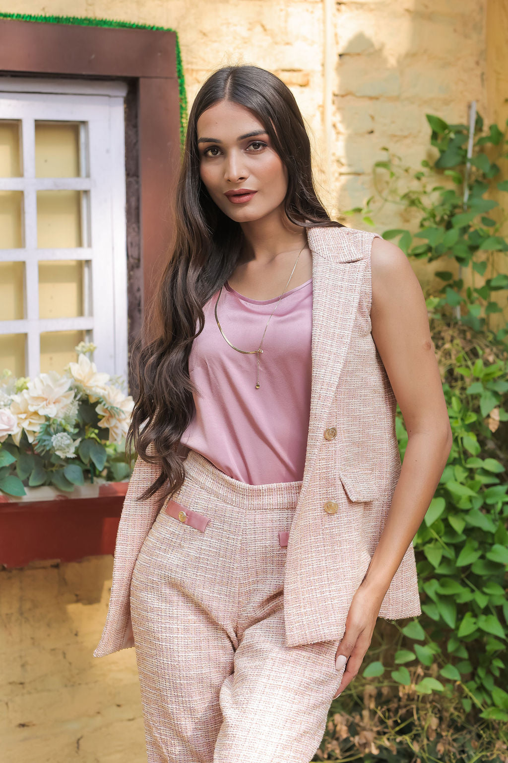 Peach tweed waistcoat with gold buttons  ESWWT0003-PEAGB